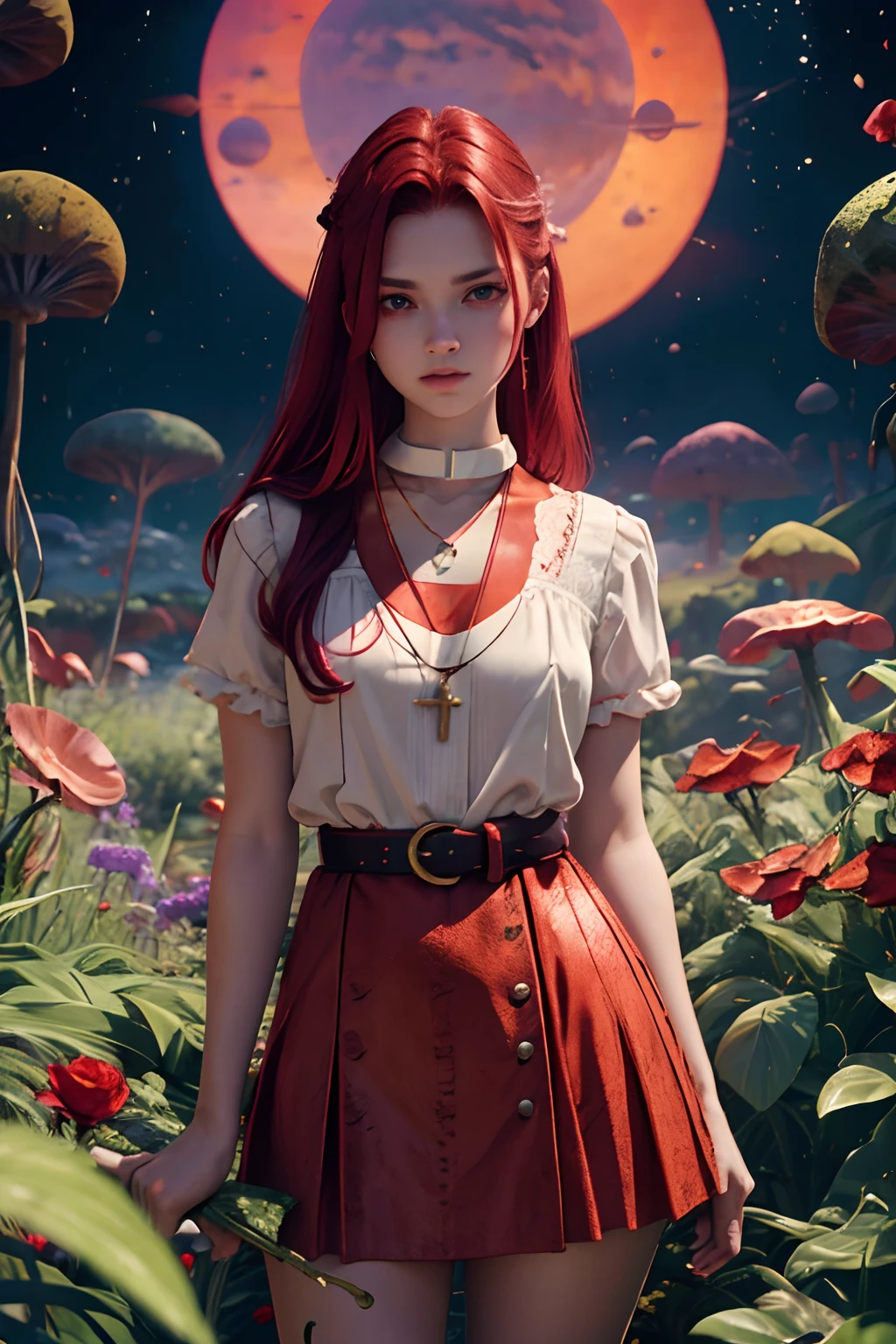 1 saint priest, red and white dress, red eyes, red hair, ************ girl, Spatula in hand, Best Quality, Ultra High Resolution, high detailed skin, high detailed face, belt, religious necklace, in a fantasy meadow, purple glowing tree, red sun, Best Quality, Ultra High Resolution, Best Quality, Ultra High Resolution,