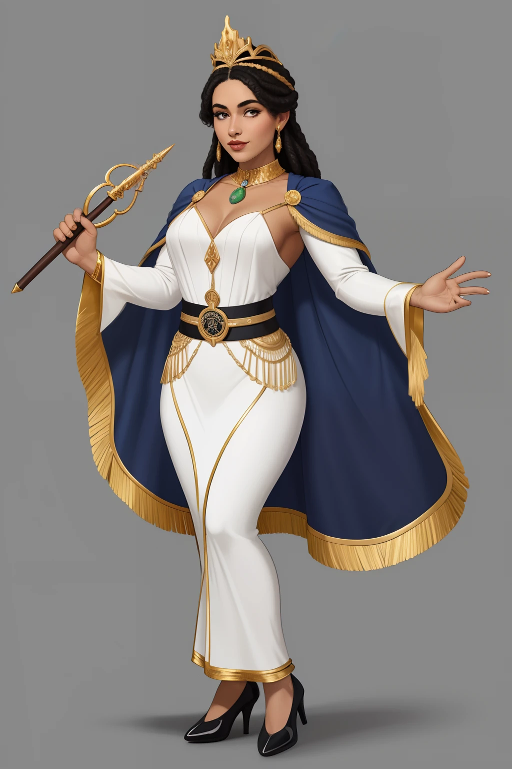 Araffe's wife in a flappper costume holding a wand and wearing a headband, melindrosa, Anos 20, fantasia, Traje de alta qualidade, rugindo vinte anos, 1920s vibes, 1 9 2 0 s estilo pano, Era do Jazz, saia preta curta, 1 9 2 0 s estilo, Estilo dos anos 1920   uma mulher negra, mulata, Morena,  imagem de ,corpo inteiro, cabelo afro caindo para a frente, Rasta type but braided,  strong full-body vision, plano completo, vista frontal, vista traseira, design de personagem, Multiple views and poses, various points of view, de um personagem, corpo inteiro,, personagem com mesmo, estilo de roupa, no mesmo Estilo de cabelo, same type of footwear The route follows the cores of the Cape Verde flag. The top is deep blue, simbolizando o oceano  . The chest and the central part are white, representando a paz e a unidade do povo cabo-verdiano. The sleeves and legs are red, denoting determination and spirit, do 10 Estrelas Douradas, : Ten gold stars are prominently displayed at the top of the costume, ao longo do peito e ombros, representando as 10 principais ilhas de Cabo Verde. Cada estrela, It is carefully detailed and shines brightly against the background Star Belt A wide belt, also golden, is used in Tribal Details, O traje incorpora elementos tribais discretos em seu design, reference the cultural heritage of Cape Ver