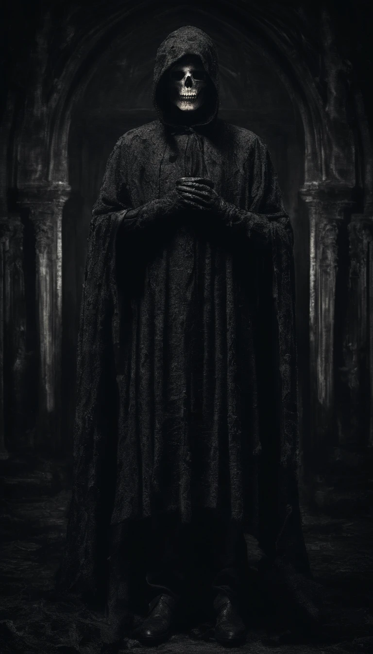 Mysterious person looking in front of the camera, fondo siniestro, oscuro, that I highlighted, texturas 4k, realista,