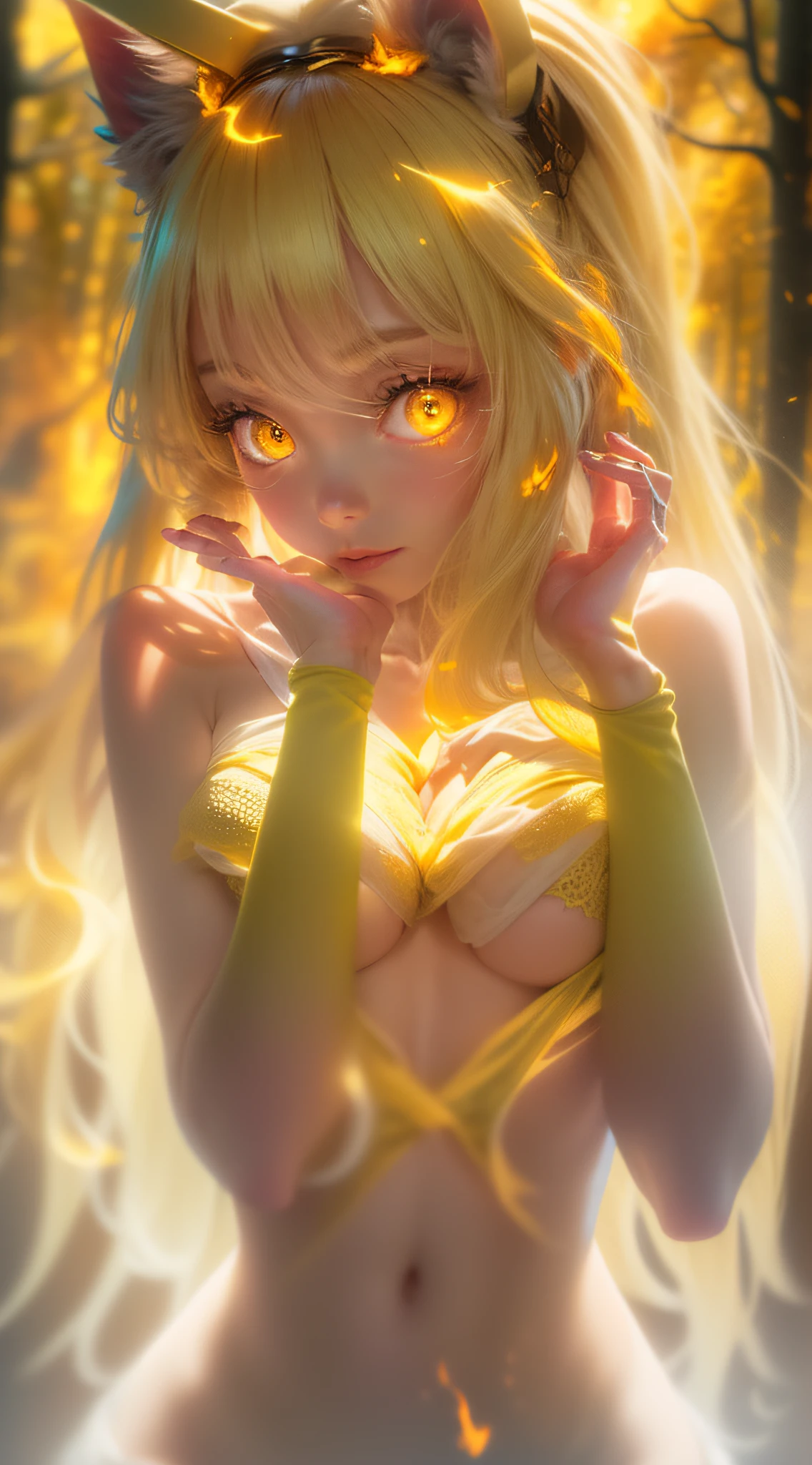 Best Quality, Masterpiece, 8k, RAW, Cute yellow Silk Cat Ear Girl Naked, (Ghost-Girl:1.4), blonde long hair, cute yellow Lingerie, (engulfed in golden Flames:1.2), ghostly light, eerie Atmosphere, (full-body Portrait), Deep-Woods, (Fog:1.2), (Glowing Eyes:1.2)
