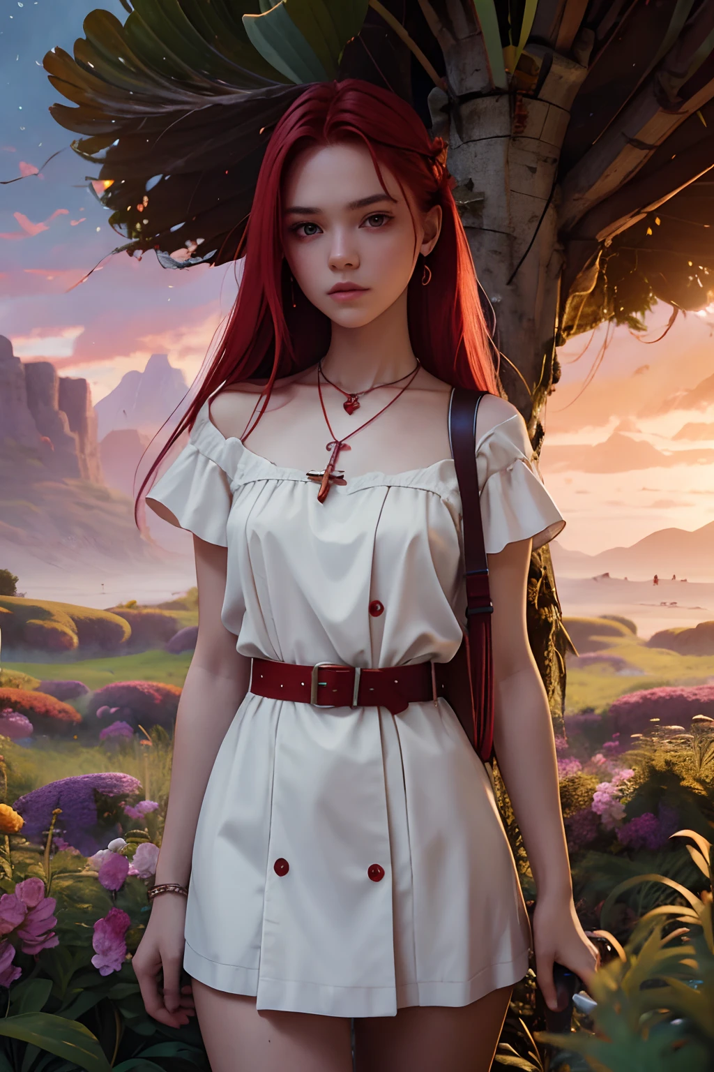 1 saint priest, red and white dress, red eyes, red hair,  girl, Spatula in hand, Best Quality, Ultra High Resolution, high detailed skin, high detailed face, belt, religious necklace, in a fantasy meadow, purple glowing tree, red sun, Best Quality, Ultra High Resolution, Best Quality, Ultra High Resolution,