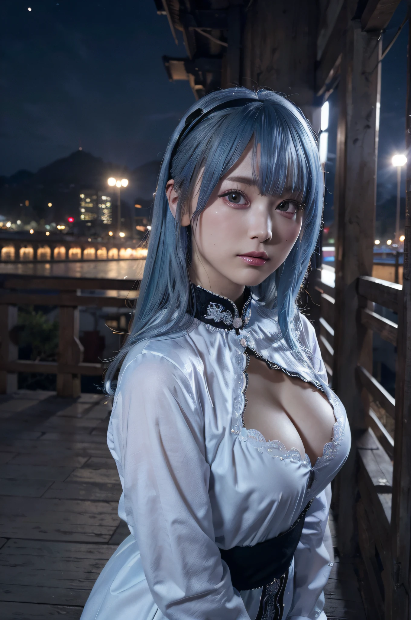 ((masutepiece)), ((Best Quality)), (Ultra-detailed), ((Extremely detailed)), 4K, (8K), Best Quality, (Beautiful), city, backstreet, Winters, Cute  girl s, 1girl in, Solo, Rock punk, The costume, Beautiful light blue hair 0, ((Beautiful eyes)), large full breasts,