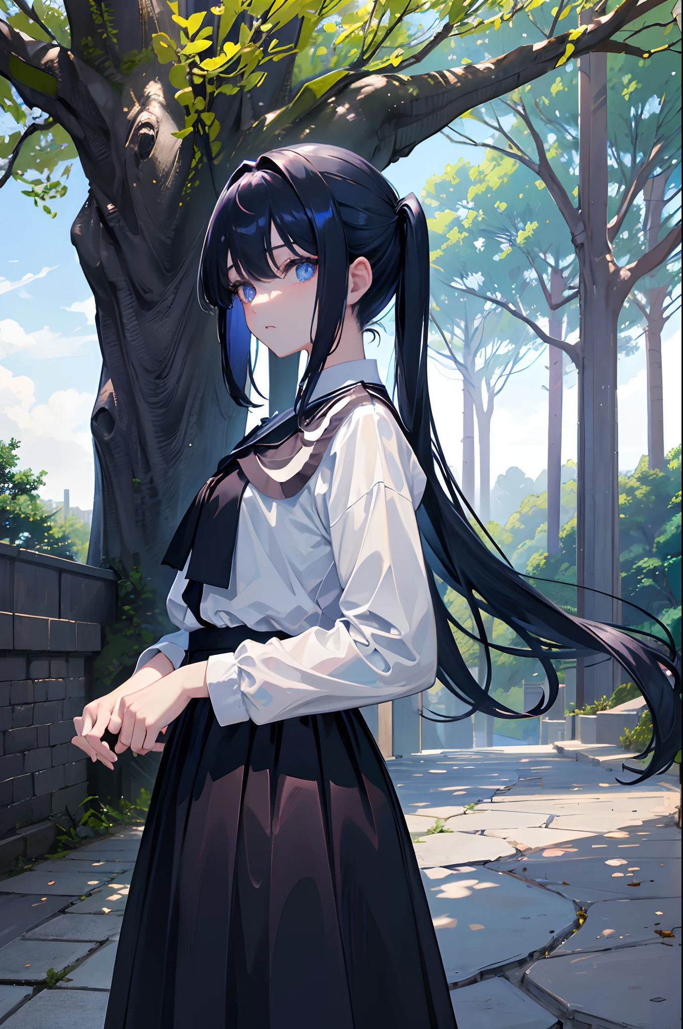 A dark-haired　blue eyess　length hair　teens girl　校服　skirt by the　poneyTail　Gingko tree　​masterpiece　Top image quality　Clear　cinematic shadow　Increased attractiveness of the eyes　Clear the shine of the eyes　Draw eyelashes neatly　Perfect Eye　A detailed eye　Sharpen image quality　Sharpen eye writing　Clear eye shape