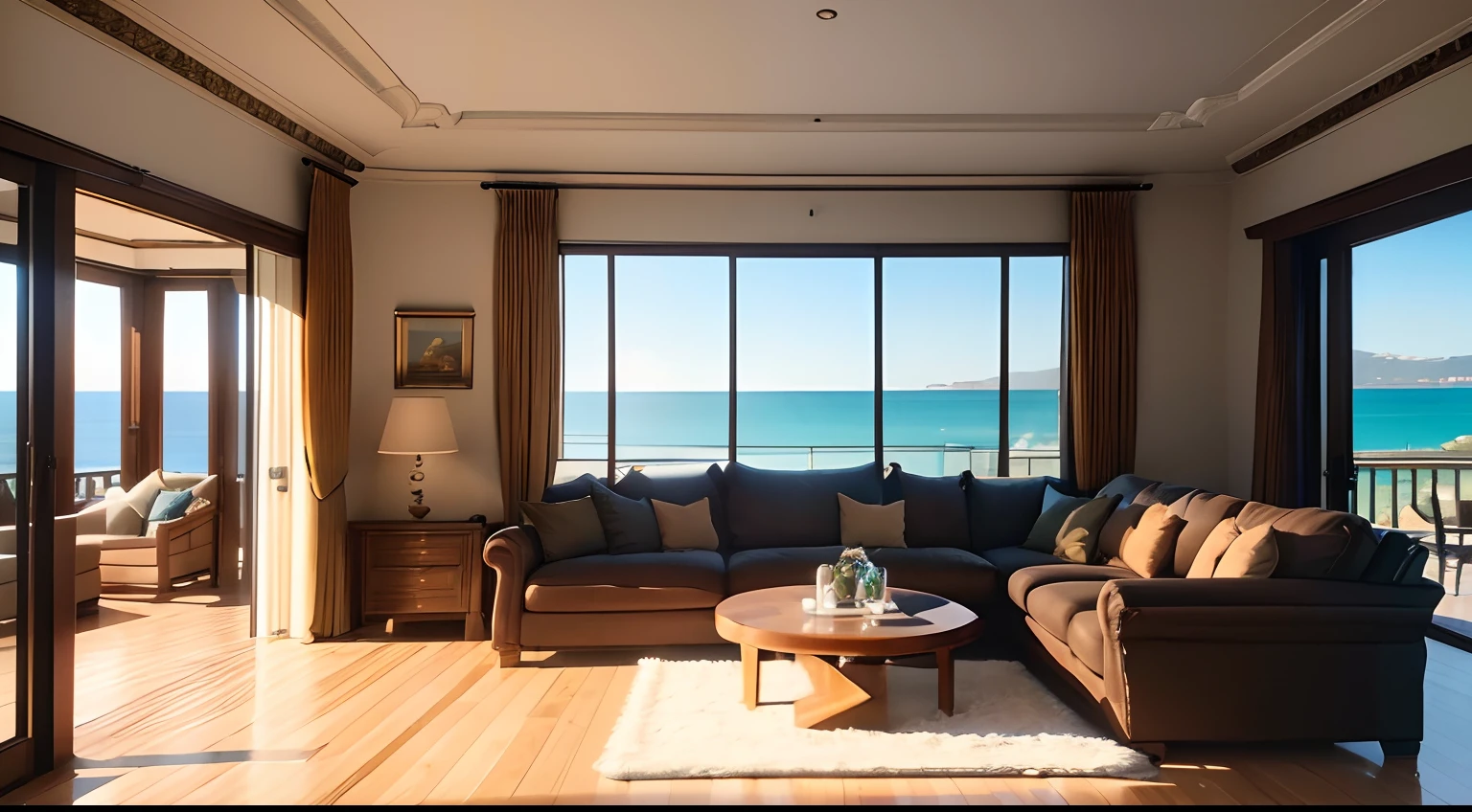 (best quality,4k,8k,highres,masterpiece:1.2),ultra-detailed,realistic:1.37,luxurious mansion,sea view,view from living room,large window,spacious,modern interior design,elegant furnishing,panoramic view,gentle breeze,sunlight,comfortable sofa,expansive space,cozy atmosphere,gleaming hardwood floor,immac