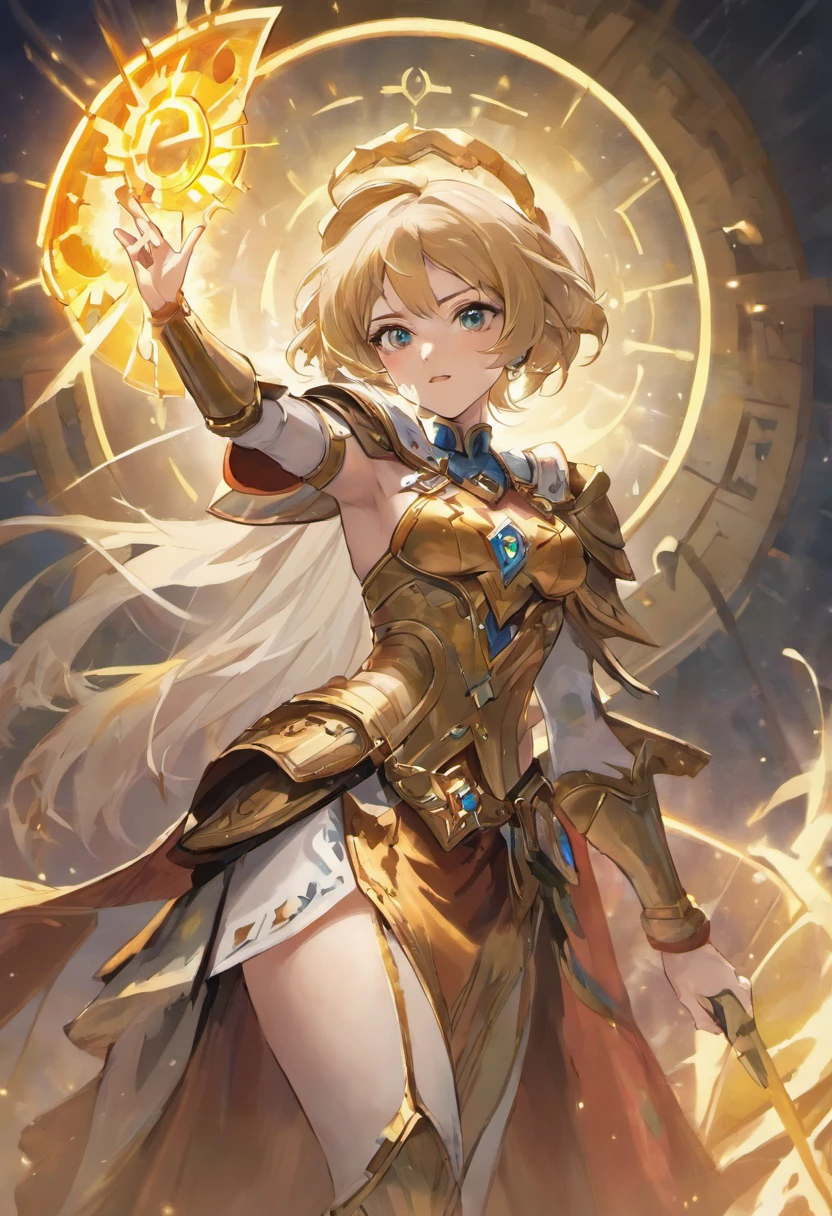(((stormcast eternals))), ((masterpiece:1.2, best quality)), 1girl, solo, (full gold armor), white hair, bobcut hair, aurora, day, thunder (sky), shoulderpads, sky, armor, day sky, open mouth, electrical storm sky, blue glowing eyes, red dress, smile, cape, white hair, (hammer), sigmar, warhammer, clouds, day, (impressionism:1.4), (tarot:1.3), alphonse mucha,