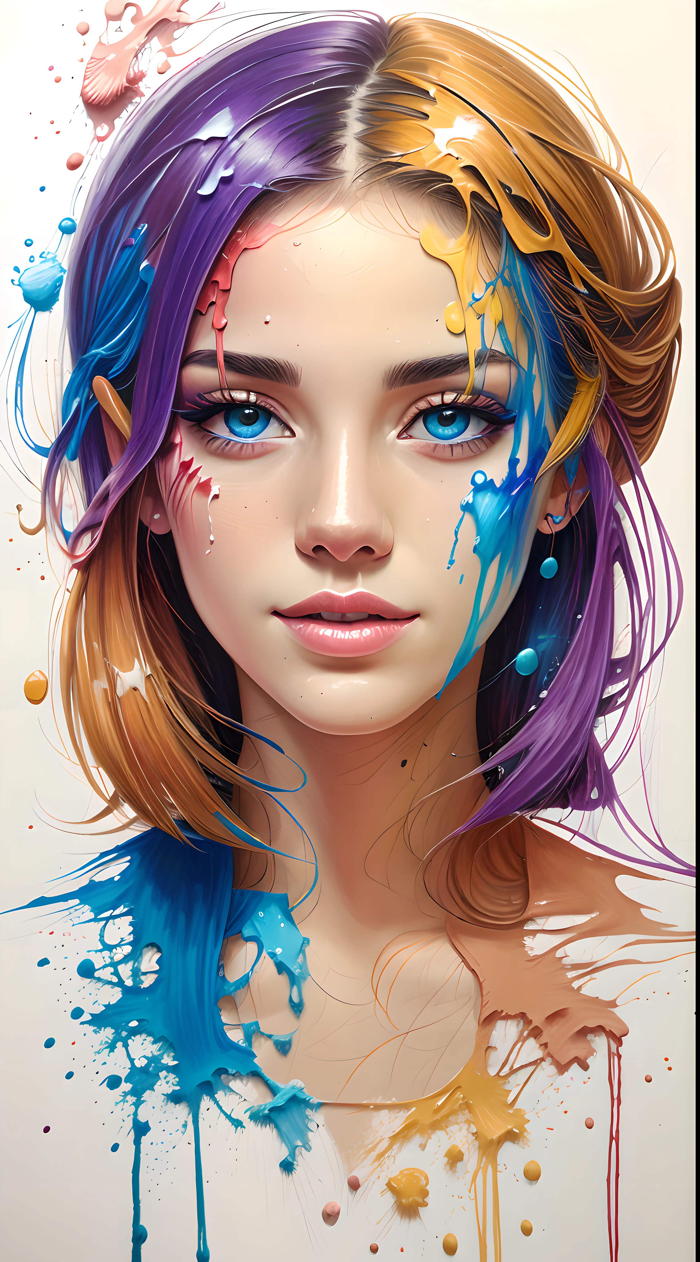 masterpiece, best quality, (watercolor \(medium\)), 1girl, solo, portrait, close-up, bodypaint, intricate details, abstract, intricate background, psychedelic background, rainbow theme, <lora:Waifu-BrianaWildStarV1.4:0.95>