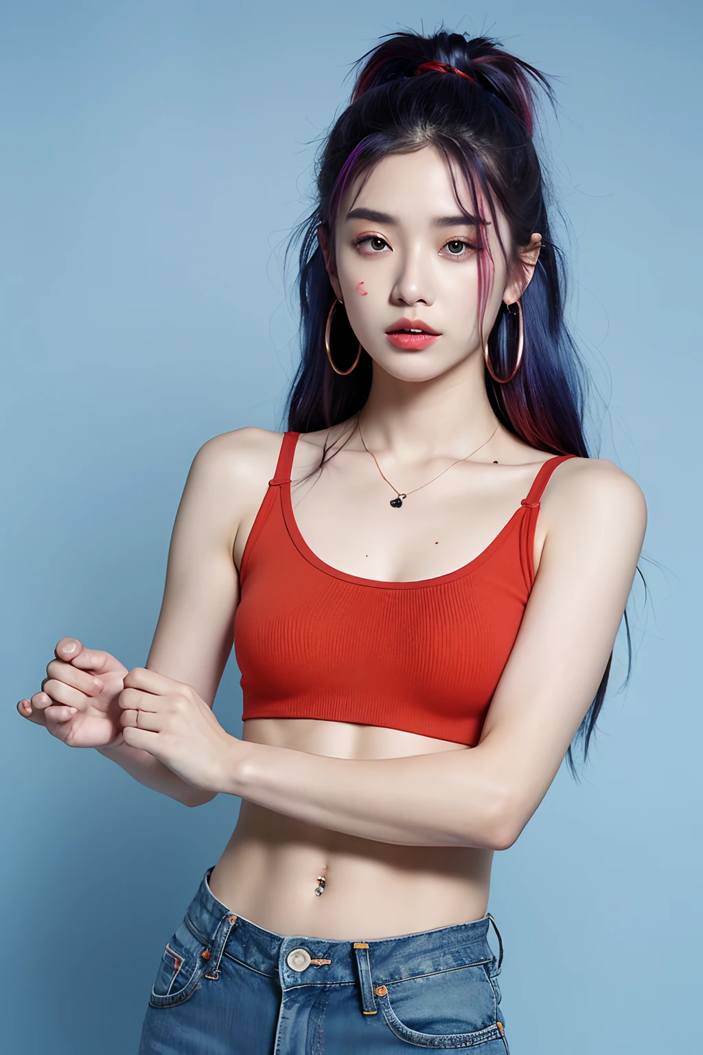(extra detailed body、extra detailed face、best qualtiy:1.2)、femele、looking at the viewers、(Blue and red gradient hair color、Half Top、Shoulder-length piercings、a necklace、Split abs、hippy、damage jeans)、（Woodstock)