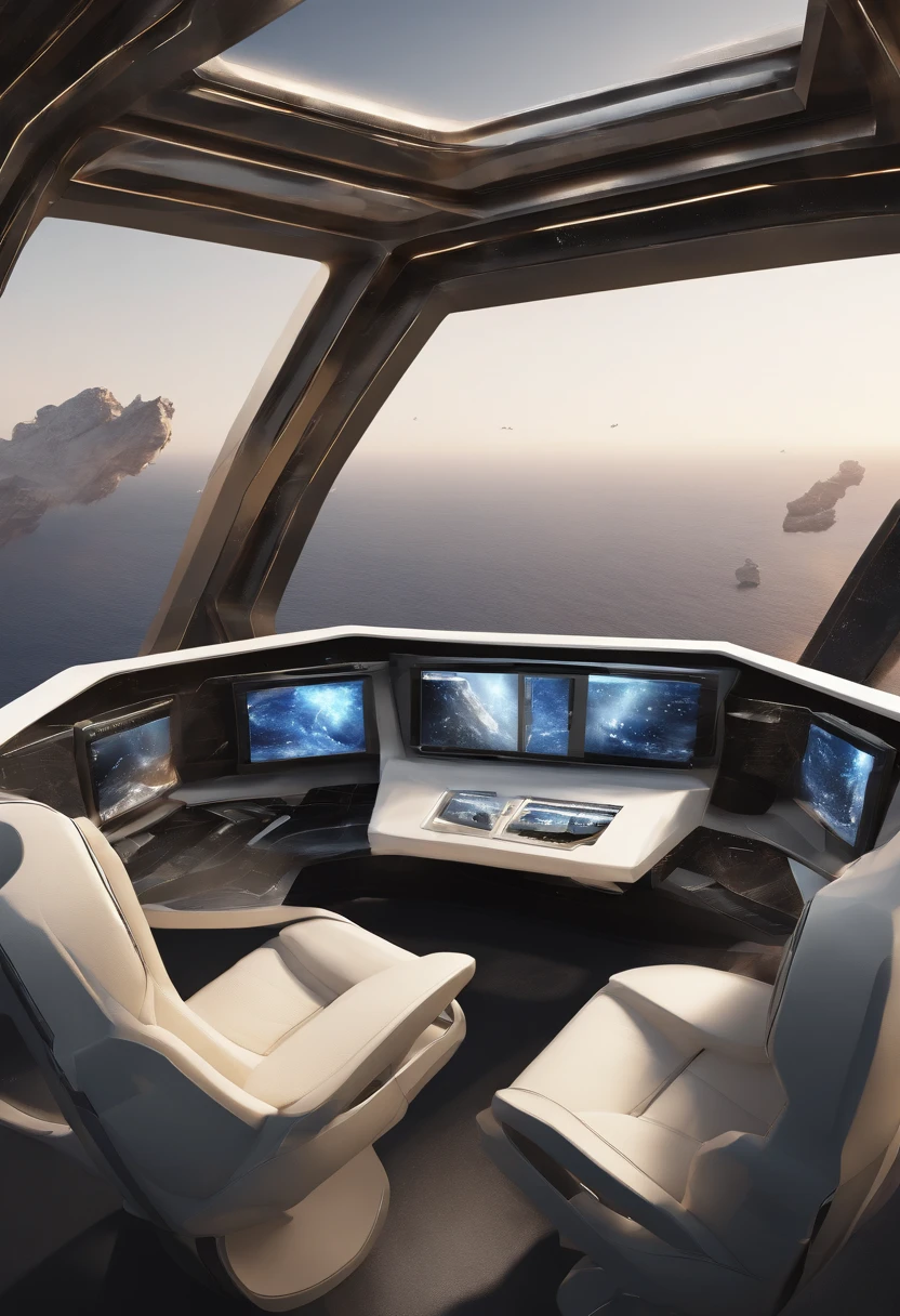exterior de uma nave espacial. Through the windows you can see the landscape of an alien planet, The whole space is full of work consoles with electronic devices and screens, Full-HD