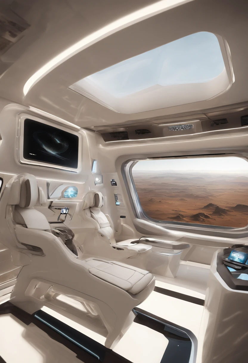 exterior de uma nave espacial. Through the windows you can see the landscape of an alien planet, The whole space is full of work consoles with electronic devices and screens, Full-HD