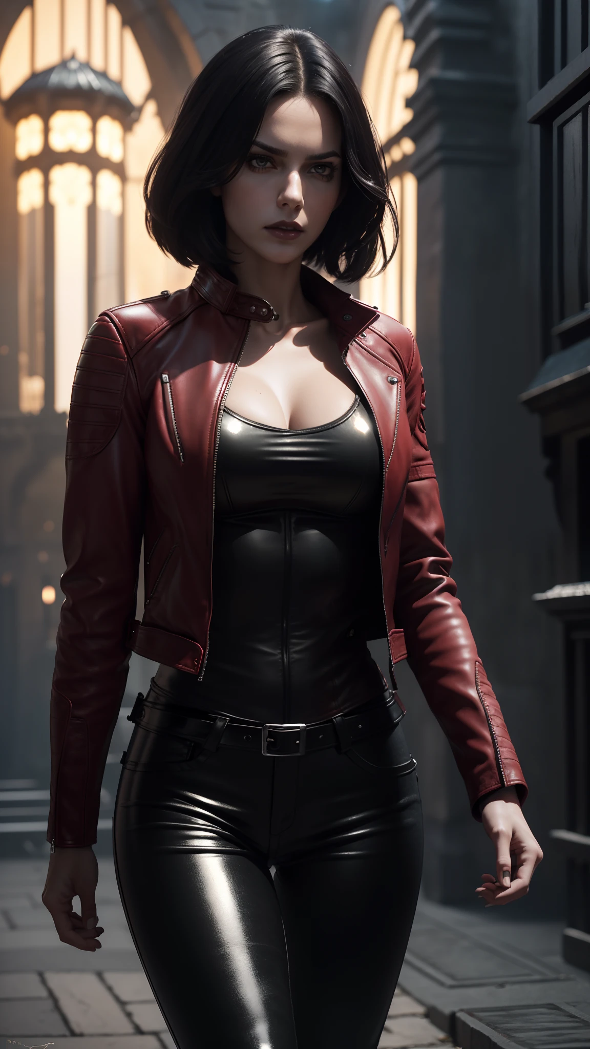 Photorealistic Image of Gorgeous 25 Years Old British Female Vampire Mercenary with Athletic Body, (Shoulder-level Bob Black Hair), (One Person), (Red Leather Jacket and Black Tight Pants:1.4), (Pale Skin:1.4), (Detailed Shiny Appearance:1.4), (Serious Face), Deep Cleavage, (Dynamic Pose:1.4), (Dark Castle at Night:1.4), Centered, (Full Body Shot), (From Front Shot), Insane Details, Intricate Face Detail, Intricate Hand Details, Cinematic Shot and Lighting, Realistic Colors, Masterpiece, Sharp Focus, Ultra Detailed, Taken with DSLR camera, Realistic Photography, Depth of Field, Incredibly Realistic Environment and Scene, Master Composition and Cinematography