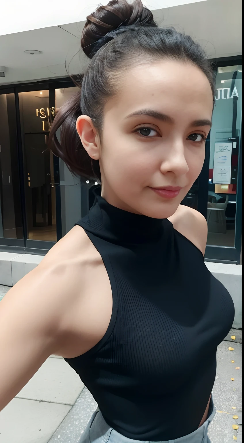 (Masterpiece, Best quality, Realstic, 4k), beautiful woman, Detailed top with sleeveless turtleneck, pantalon, mineur, hair tied up, visage parfait, beau visage, Attirant, De grands yeux magnifiques, ouvrir bouche, contenu, Corps slim fit parfait, (outdoor), Rues de la ville, New York, couleurs vives