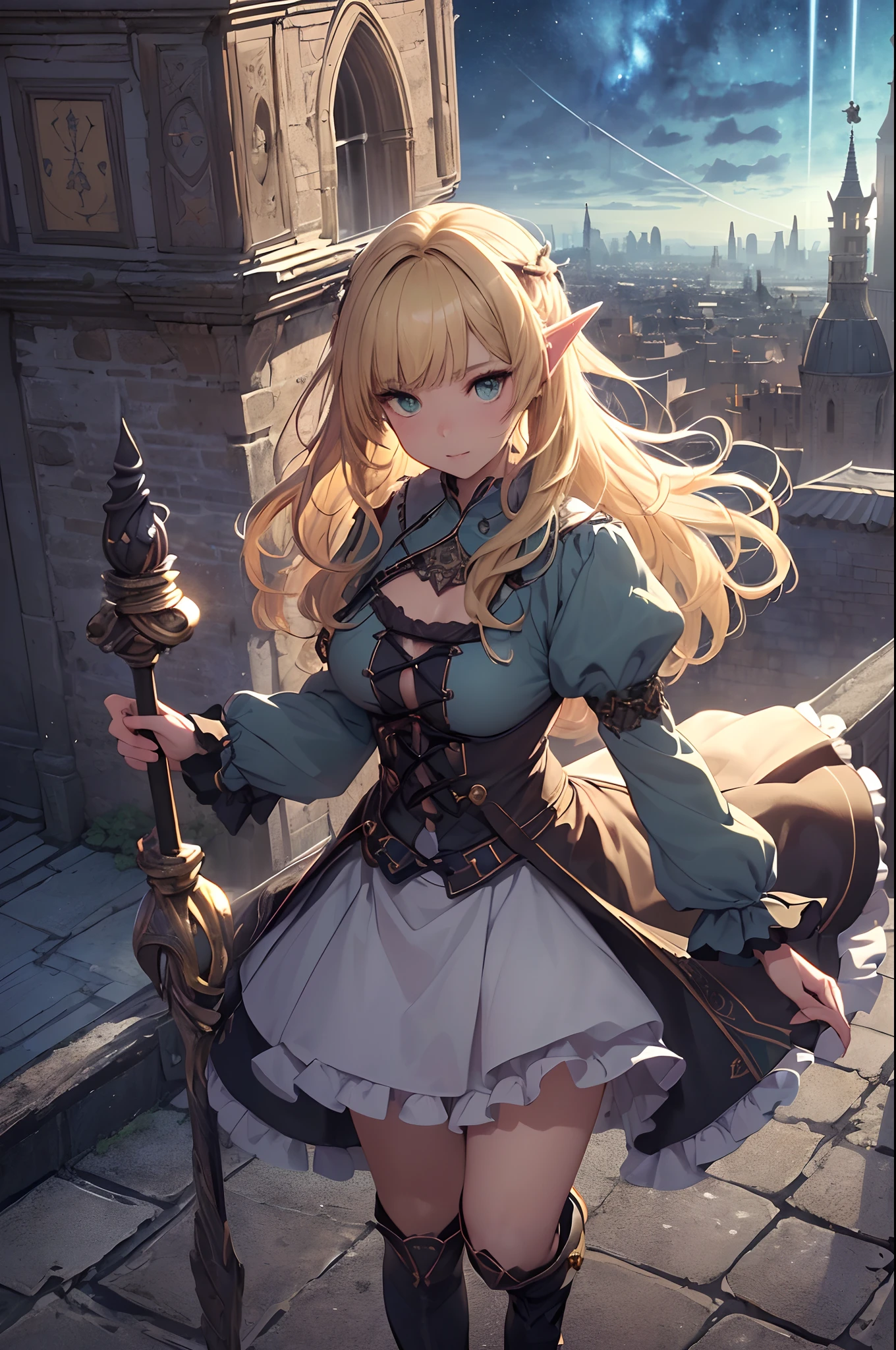 (Official art、Best Quality、Unity 8k Wallpapers、32K、masterpiece、ultra-detailliert、超A high resolution、realisitic、Photorealsitic:1.2)、(Cinematic lighting:1.2)、Fireglow effect、film grains、Best Shadows、Rim lighting、side lights、sideshot、(Ultra-detailed and complex 3D rendering)、Detailed beautiful face and eyes、Sharp pupils、Realistic pupils、A slender、1Man Woman、Medium bust、(Full body:1.2)、 Highly detailed background、beauitful face、16-year-old beautiful girl、(super detailed skin、detailed skin textures:1.3)、(Half Blonde、Colorful hair:1.3)、Blunt bangs、green colored eyes、elf-ears、magical girl costume、A slender、white shirt、Costumes with frills、frills skirt、knee sox、(thighs thighs thighs thighs:0.8)、Black boots、(Fantastic and beautiful night sky、Medieval city at night、On the roof of the tower:1.4)、(carrying a magical staff:1.3)、(Looking away、overlooking a city:1.3)、Fantastical、Gentle smile、I opened my mouth a little