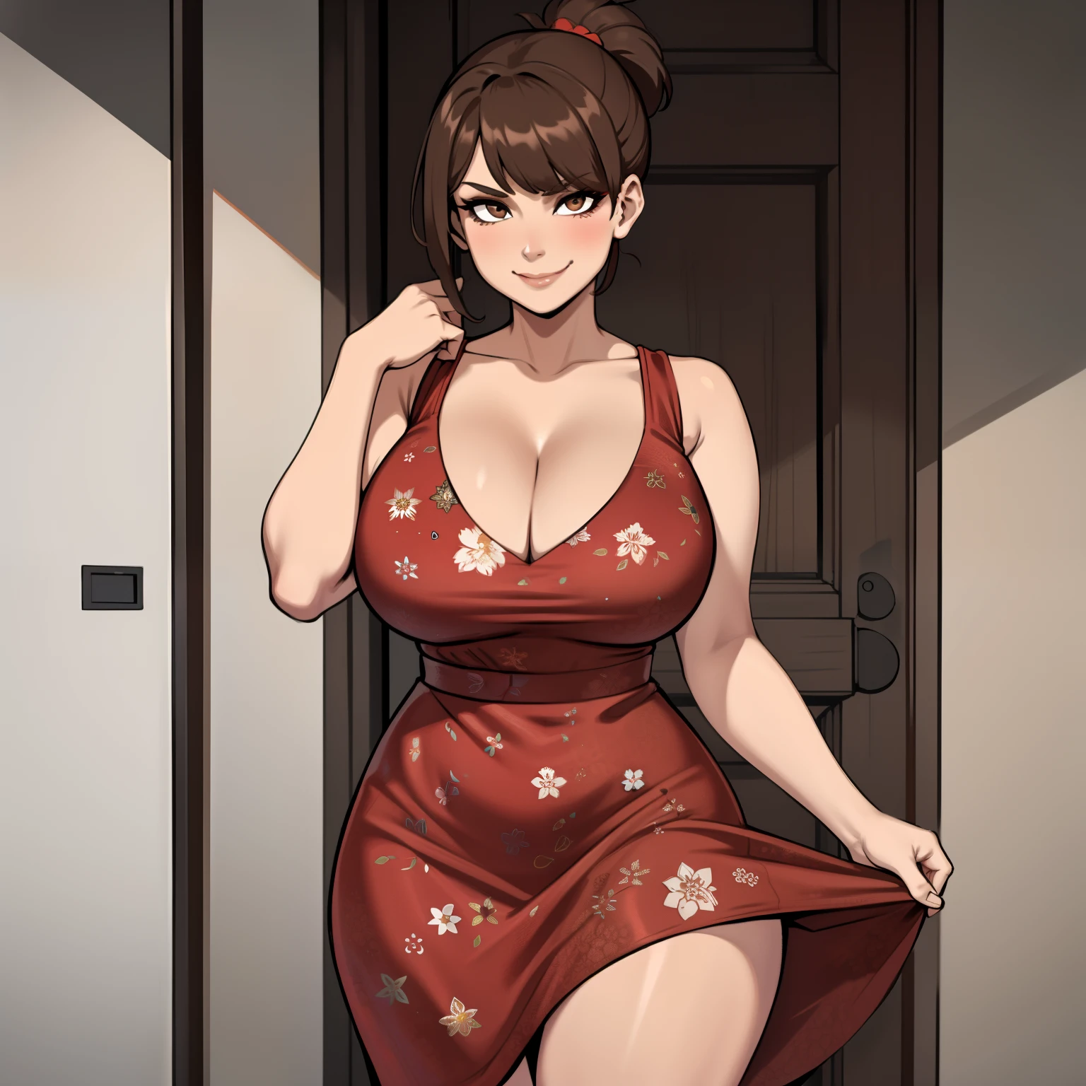 one female with short ponytail brown haircut, has brown eyes, long form fitting red floral dress, alone, solo, (ALONE)(SOLO), showing cleavage, facing forward, looking at me, looking forward, smirk, showing full legs, looking casual