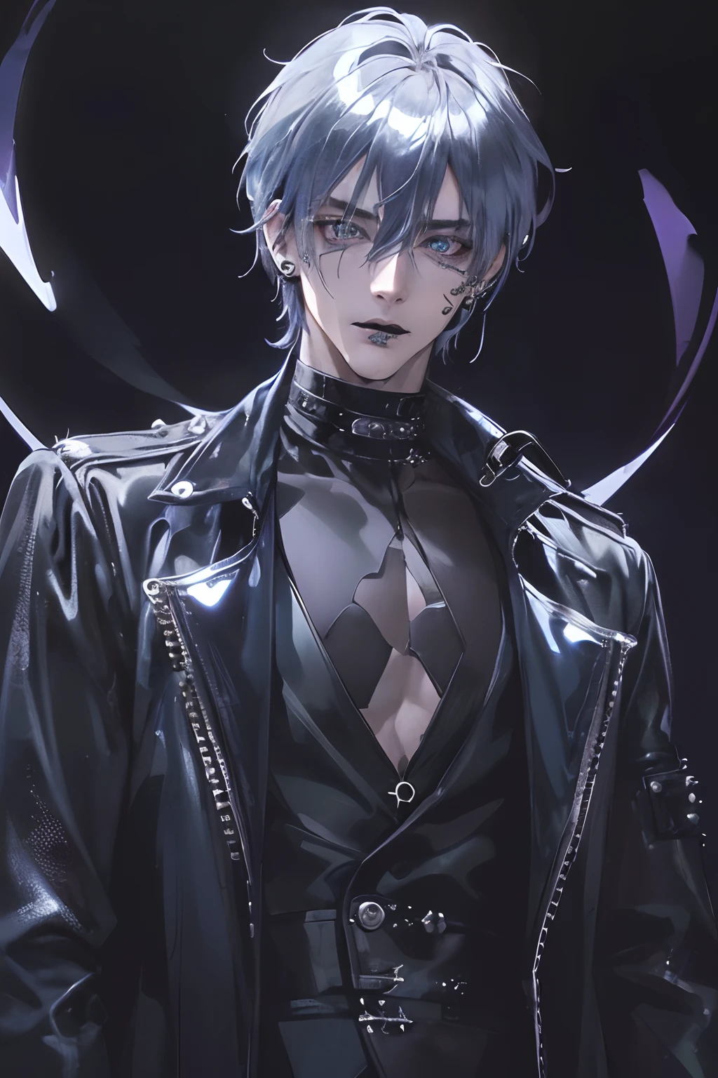 photography of a sexy man, a solo man, (((man))), (masculine face), 40 years old, demon, bad boy, (blue eyes), expressive look, blue hair, white bangs, black lips, (((piercings))), (ear piercings), (gotjic style), japanese style, ((((visual kei))), (((dark background))), shine hair, unshaven, black clothes, long sleve jacket, super detailed face, perfect body, perfect shapes, realistic image, award winning photography, 8k, (((perfect shiny eyes)))
