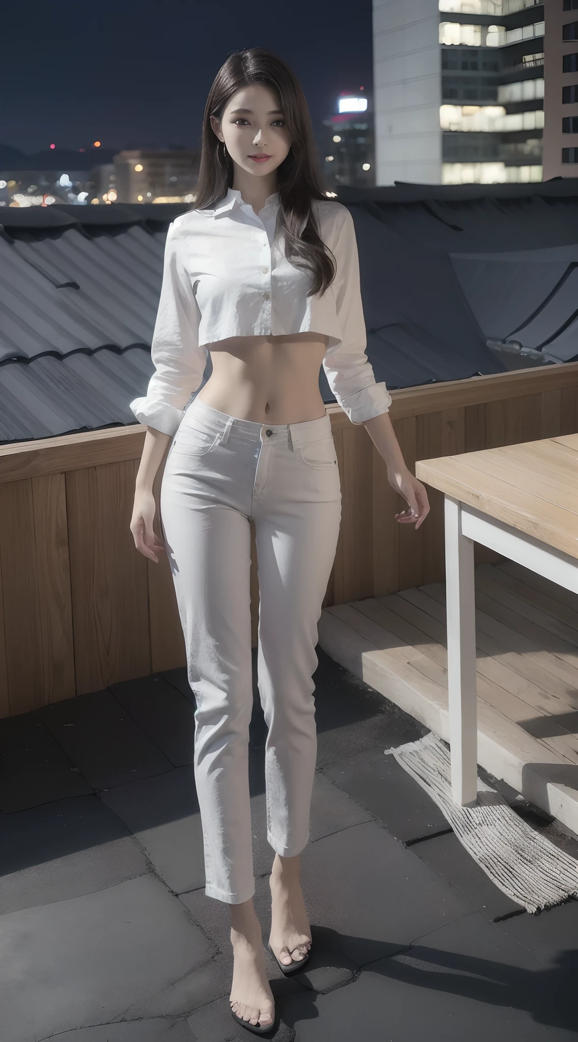 ((midynight, Need, 8K, tmasterpiece:1.3)), full bodyesbian, Long legs, Focalors:1.2, Petite short girl,Skinny:1.4, Slim abs:1.1, ((Medium long straight hair,Dark brown hair, mediuml breasts:1.2 )), (White loose button shirt,Low-rise washed blue flared trousers,detailed outfits:1.2), (standing on your feet:1.2), ((city night scene, the roof:1.3)), Highly detailed facial and skin texture, A detailed eye, 二重まぶた,Beautiful facial features,A smile on his face,shapely legs,Extended mop flared pants,Wear sandals,Reveals tender white toes,Shoot from multiple angles,Show off your slender waist and beautiful narrow hips,Pose sexy seduction,fully body photo