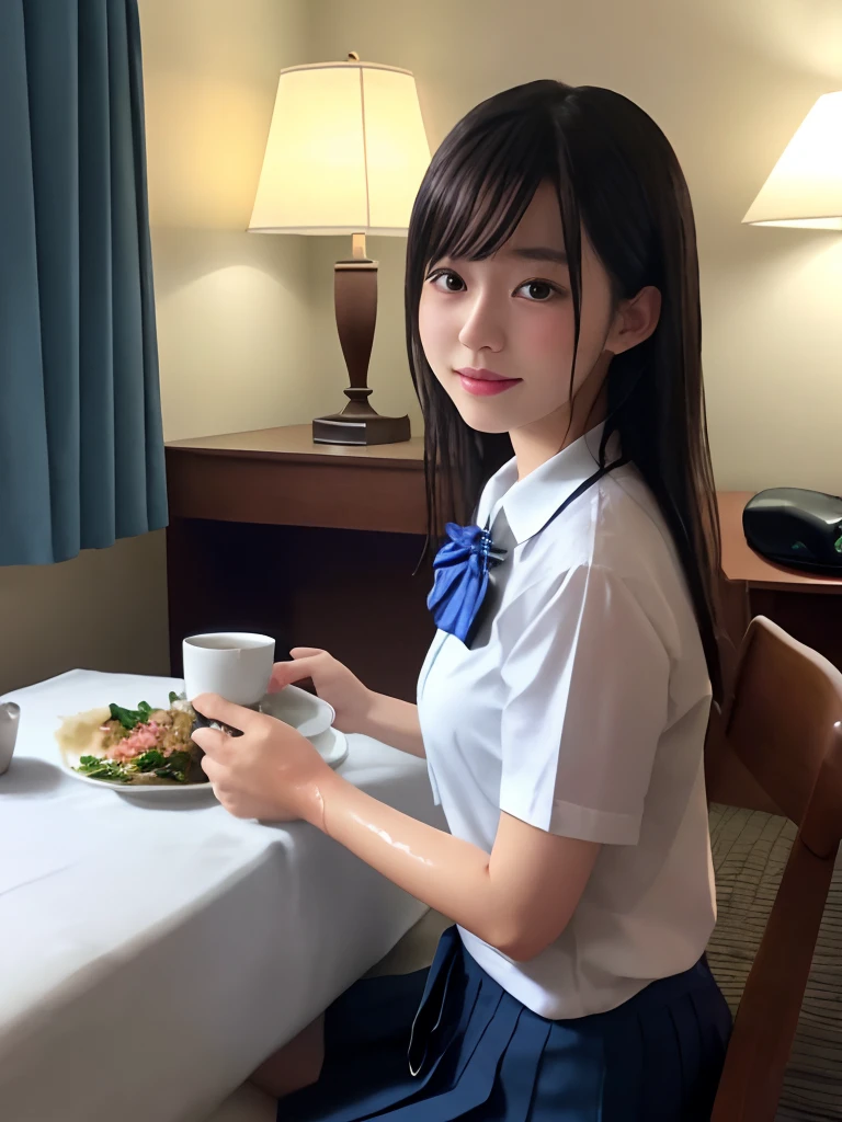 Product quality, 1 girl per 1 photo, Cowboy Shot, Front view, a Japanese young pretty girl, 15yo student、Teen、long, At night, ((Have dinner in your hotel bedroom:1.4)), wearing a white short-sleeved shirt with a wet collar、The white shirt is wet、hand holding cup of coffee、Dark blue bow tie、Wearing a wet navy blue pleated skirt, Sitting on a chair, Meat and vegetables on the table, hyper cute face, Glossy lips, Natural makeup, wet long-haired, asymmetrical bangs, wetted skin, central image, 8K resolution, high detailing, detailed hairstyle, Detailed face, Cinematic lighting, Octane Rendering, Hyper realistic, Perfect limbs, Perfect Anatomy