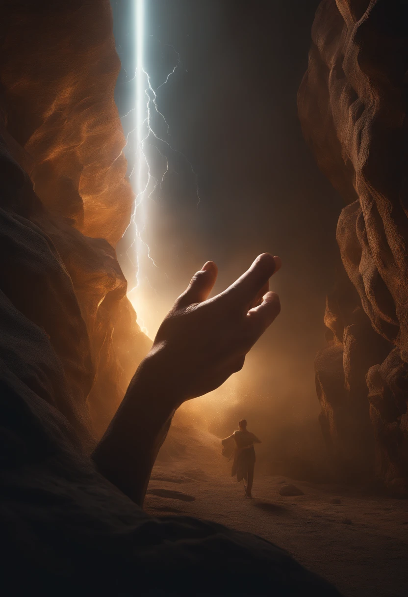 image of a giant holding with one hand a huge amount of light coming from the front and with the other hand extended in the opposite direction as if calling someone, illuminated, photorealistic cinematics, full body, perfect composition, beautiful and detailed 4k representation incredibly detailed trending on artstation, 4k art photography concept art, perfect composition, beautiful detailed octane rendering incredibly detailed trending on artstation, 4k art photography, photorealistic concept art, soft natural volumetric cinematic perfect light, chiaroscuro, photography award-winning, masterpiece