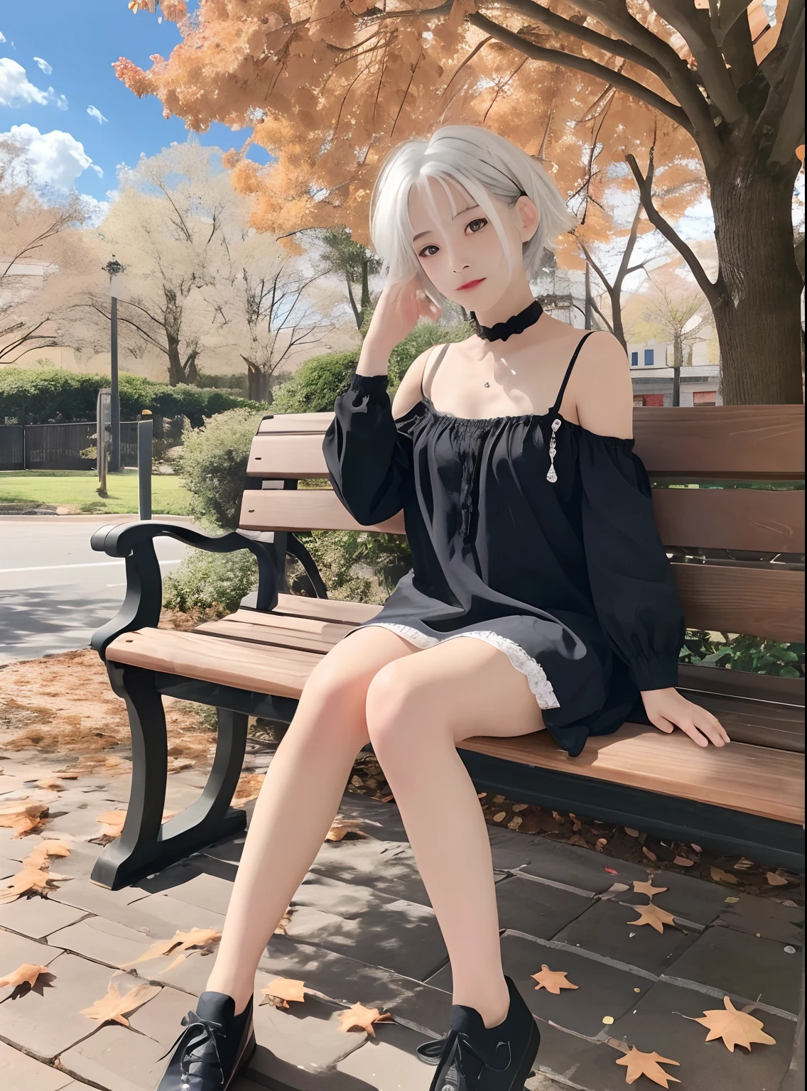 top-quality、8k、ultra-detailliert、Real girl sitting on a park bench with autumn leaves, perfect gray hair girl, Girl with white hair, white hair woman, Real visuals of cute girls, white  hair, Real girl in black dress, Beautiful Real Girl, White-haired, white haired god, Cute Real Girl, Seductive Real Girl, Sitting on a park bench, loli in dress