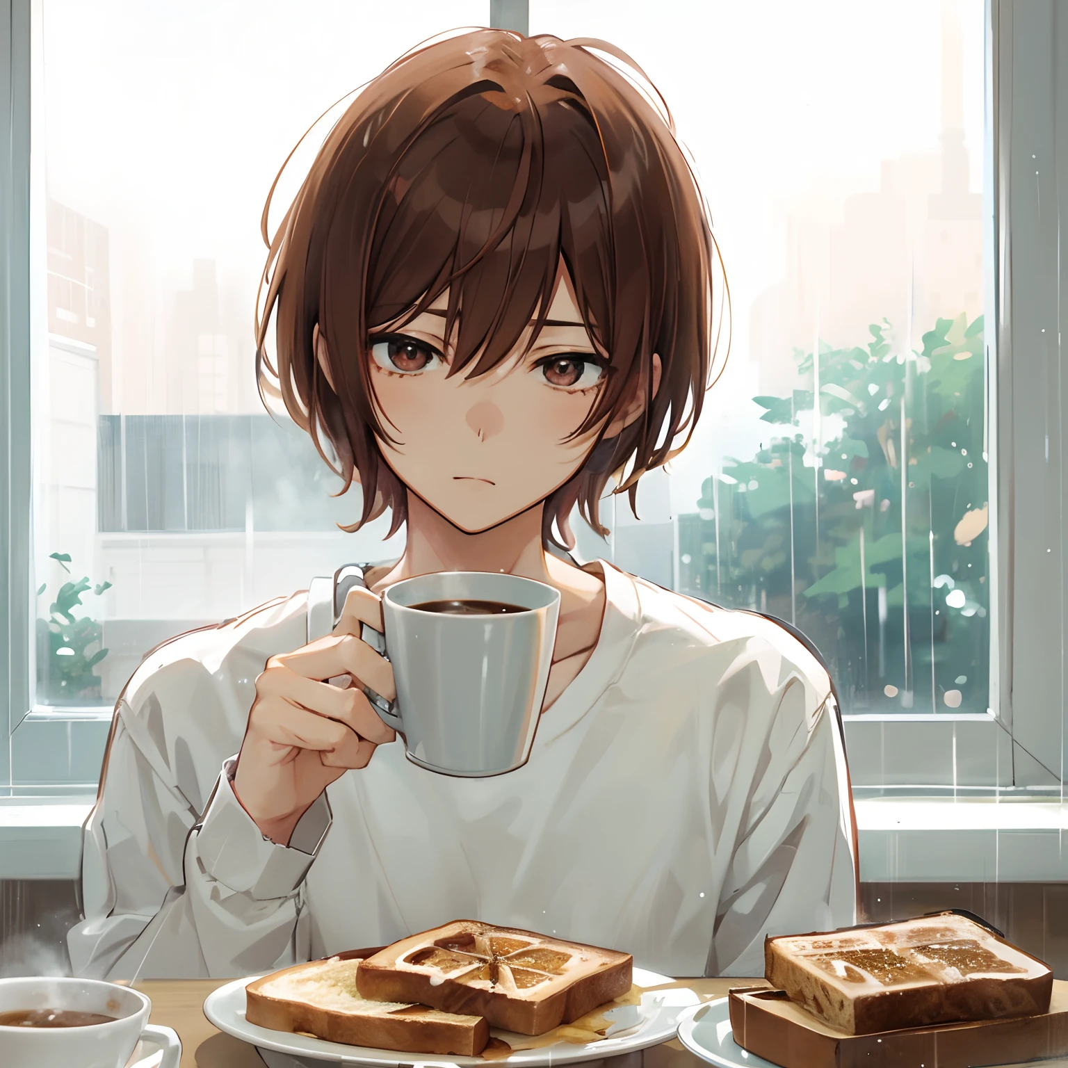 Japanese anime, beautiful young men, chestnut hair, bobbed hair, toast and coffee, breakfast, room, sleepy face, window, rain,high quality, amount of drawing, pixiv illustration