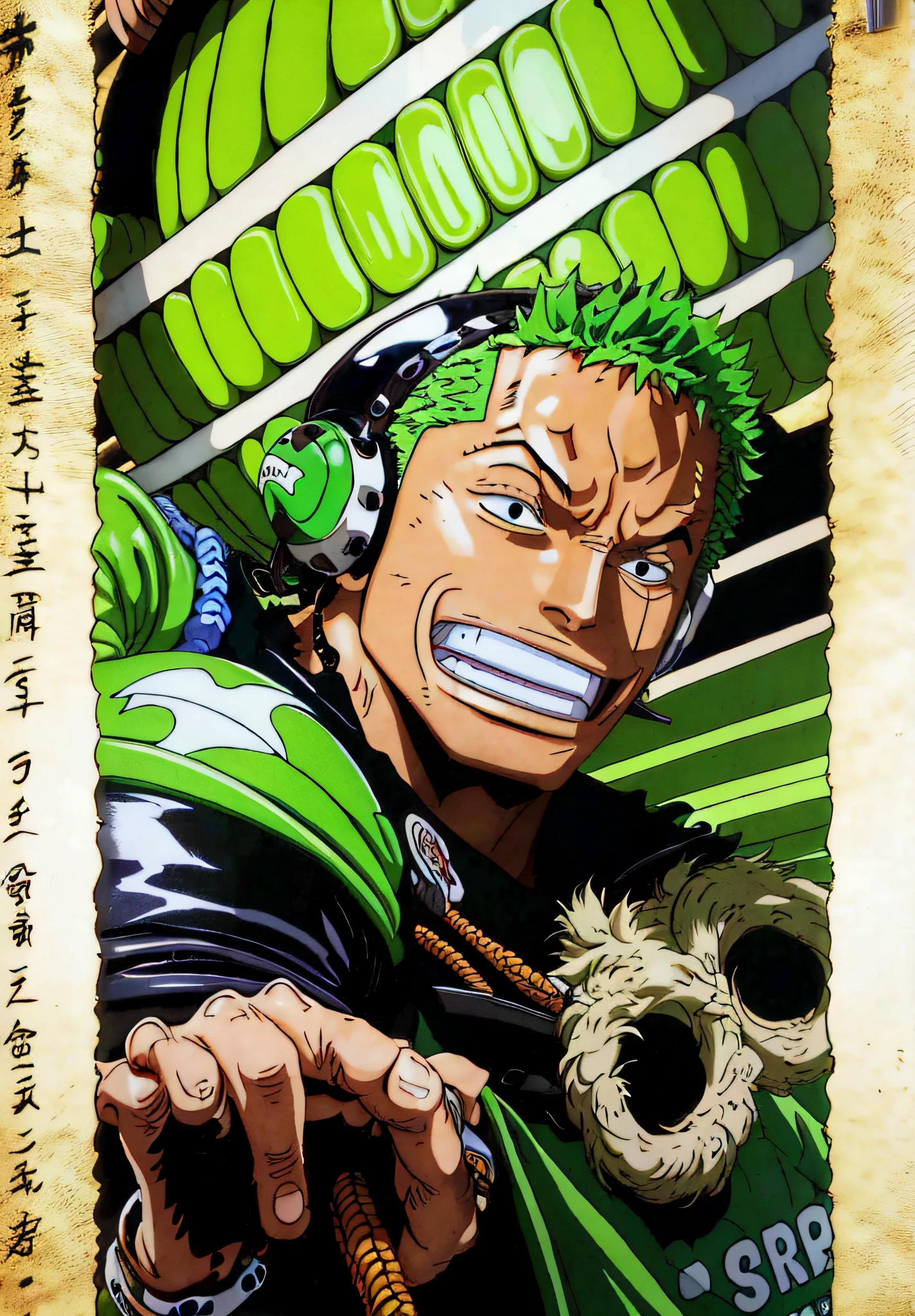 There's a brown-haired boy with headphones on and making a HANG LOOSE sign to the camera, Esta usando uma camisa verde, desenho estilo anime, reference: Eiichiro Oda, An 18-year-old boy with the appearance of the character Zoro from One Piece, alta qualidade.