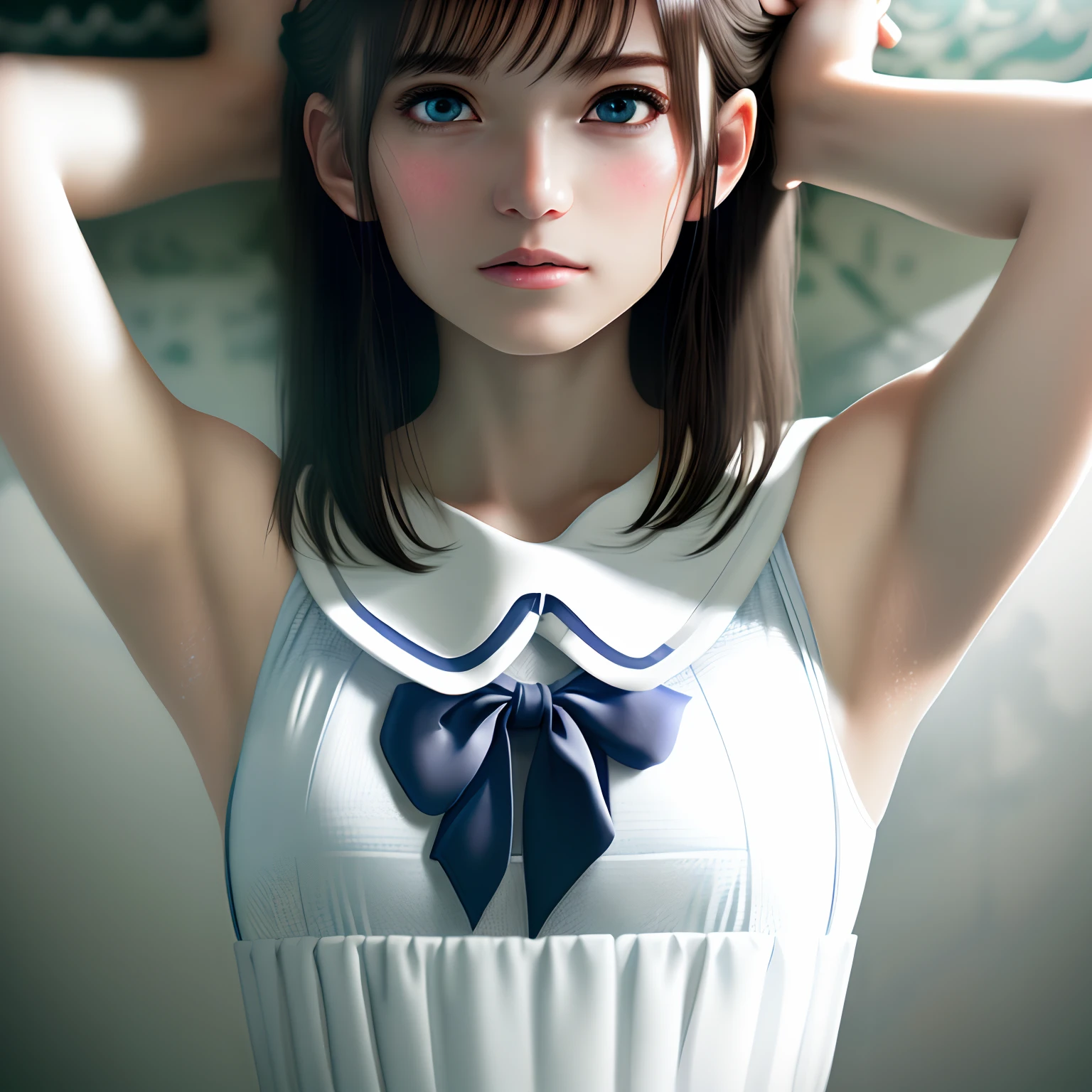 (hyper realstic), (Illustration), (High Definition), (8K), (High Definition), (Best Illustration), (Beautiful detailed eyes), (Best Quality), (Super Detail), (tmasterpiece), (wall-paper), (Detailed face),full of sweat,Upper body close-up,Armpits,Short hair,White underwear girl, Go to the toilet, Lower,