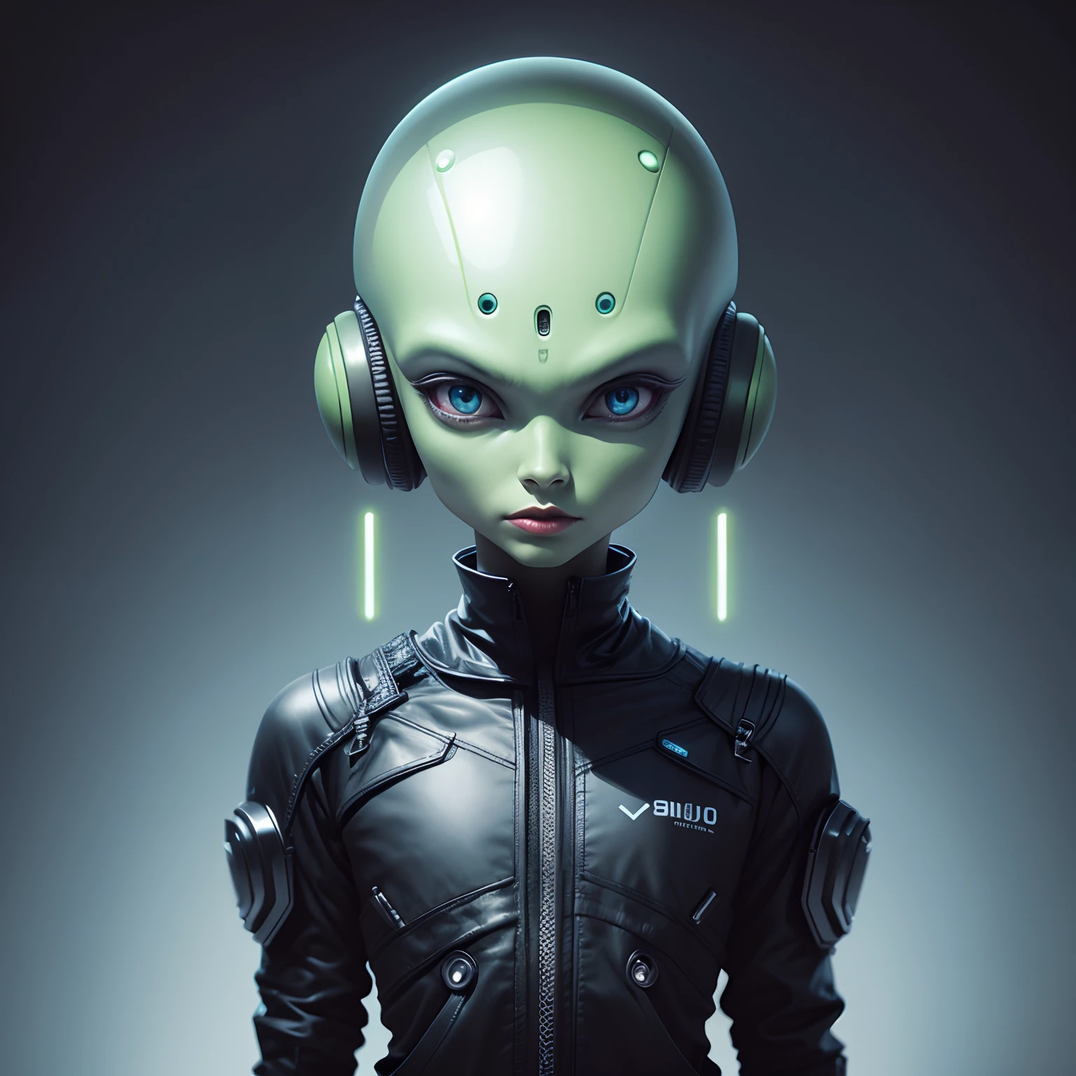 "(an alien female 12 years old character:1.2) with white skin, totally black and big eyes, and an otherworldly aura, the background is the cockpit of a spacecraft, yellow clothes"
