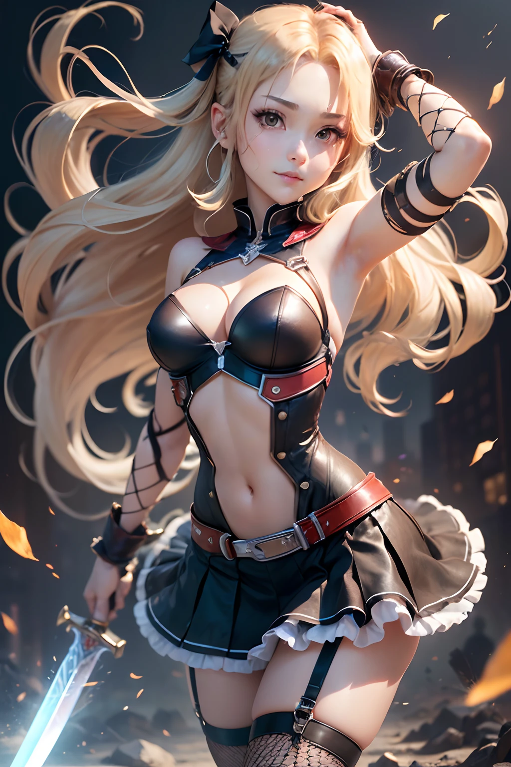 ((16k,Raw photography,top-quality,hight resolution,Ray tracing,PBR Texture,Post-processing,)),(((White leather bondage skirt , Cute Japan anime girl,Sword Art Online,Haruka Tomatsu,Long long straight blonde hair,Emphasize cleavage,bare hand,Thin leg,The number of accurately drawn fingers,Slender legs,Limbs are2There are only books)))(finerly detailed face:1.4),(masterpiece:1.4),(top-quality:1.4), Beautiful fine skin,(cute little:1.5),(Complex fishnet stockings),pin heels,Leather luster 3.0,Beautiful skin,(Bodycon with beautiful embroidery),((tthin eyebrows,long eyelashes,smil,二重まぶた,Brown eyes)),(((No title required,Don't write,No letters))),Do not wear anything on your shoulders, awkward figure, activity,Create beautiful light effects on the background、Fight on the battlefield of the city,Use a large sword to attack with weapons,