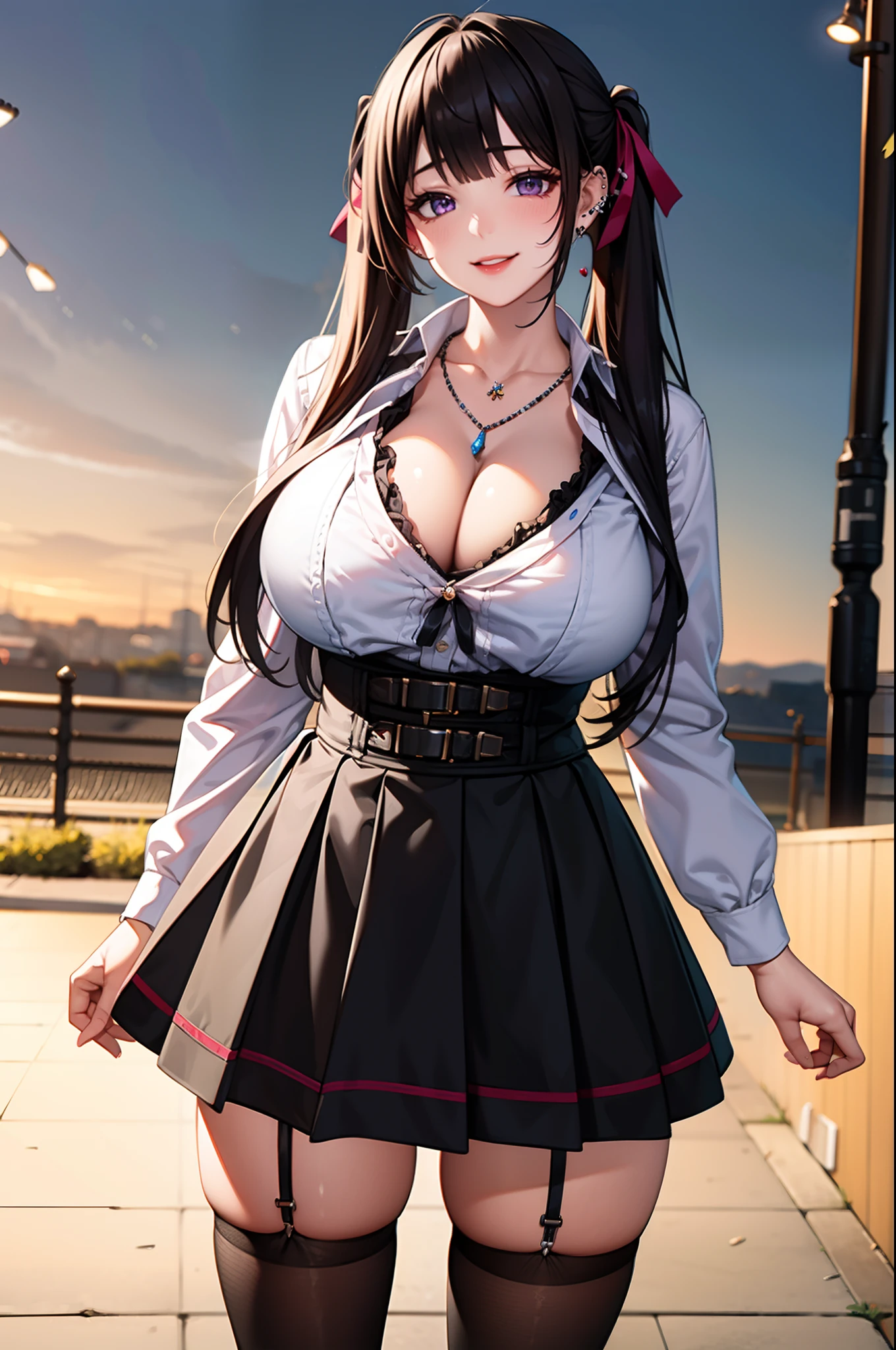 masterpiece, best quality, highres, hs1, light purple eyes, wide hips, thick thighs upskirt, long sleeves, cleavage, long brown hair, twin tails, blunt bangs, streaky hair, pink cardigan, black thighhighs, micro skirt, plaid skirt, red ribbon, garter straps, huge breasts, outdoors, cowboy shot, standing, smile, looking at viewer, thick thighs, jirai kei, street view, sakura, succubuss horns, necklaces, ear piercings