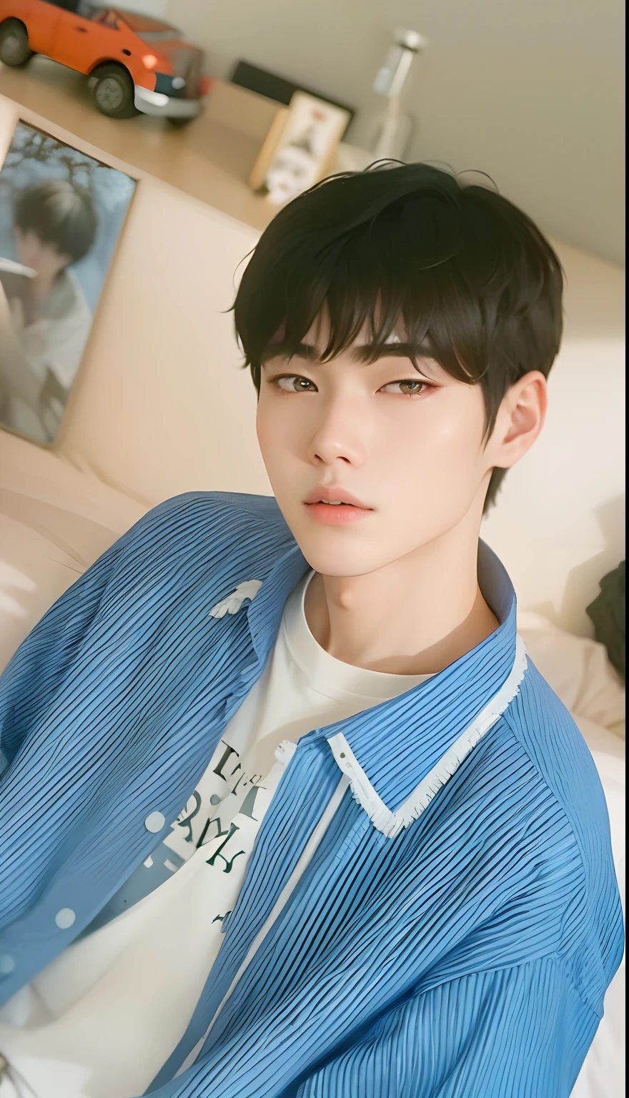 a close up of a person sitting on a bed with a blue shirt, kim doyoung, jung jaehyun, jinyoung shin, male ulzzang, headshot profile picture, hyung tae, wonbin lee, hong june hyung, inspired by Bian Shoumin, cai xukun, shin jeongho, taejune kim, sakimichan, wan adorable korean face