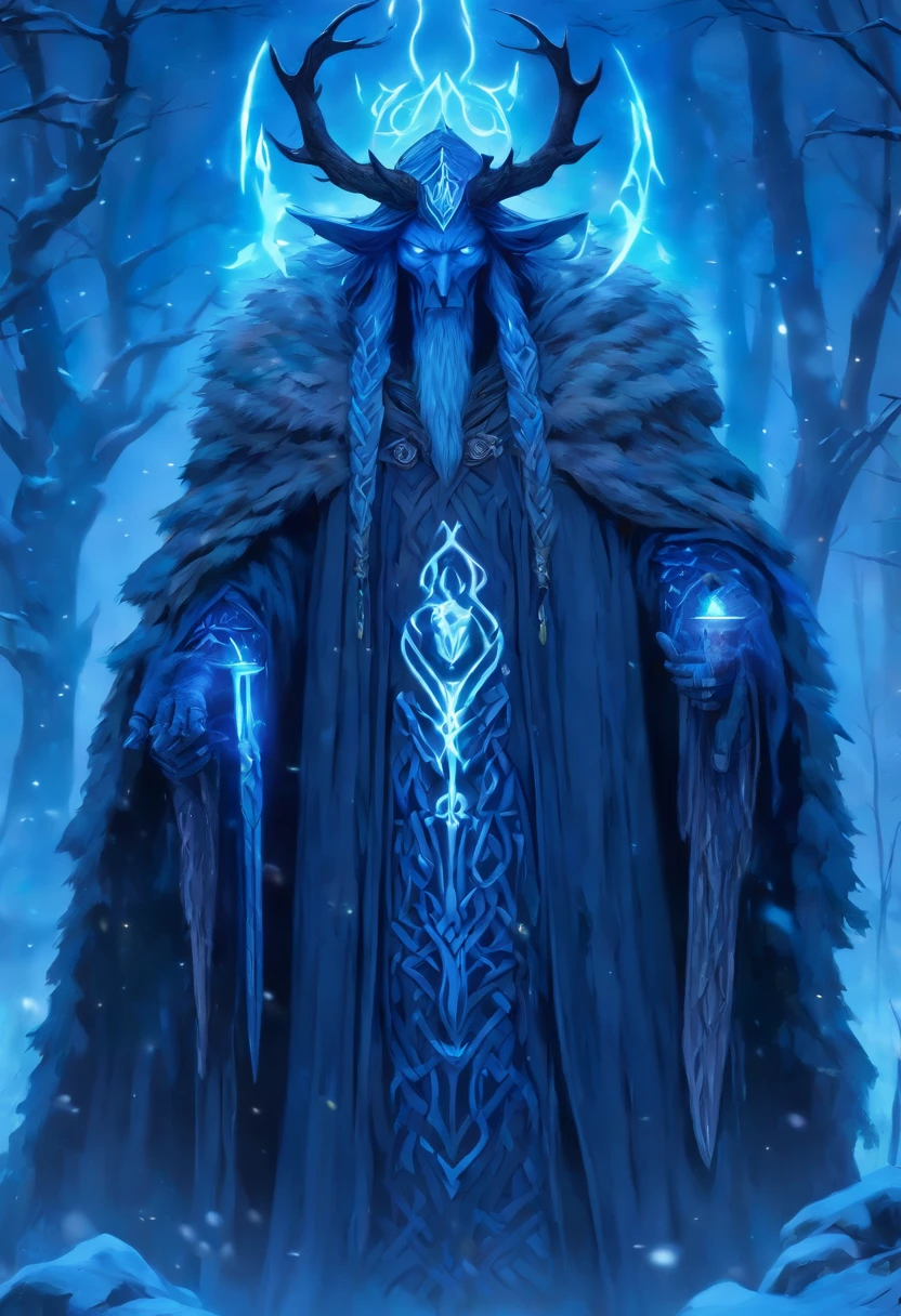 (((CAILLEACH))) best quality, ultra-high resolution, 4K detailed CG, master piece,Celtic god,cold,God of winter ,Celtic clothing,Celtic mythology, ((standing pose)) , Celtic image, aesthetic, centered on screen