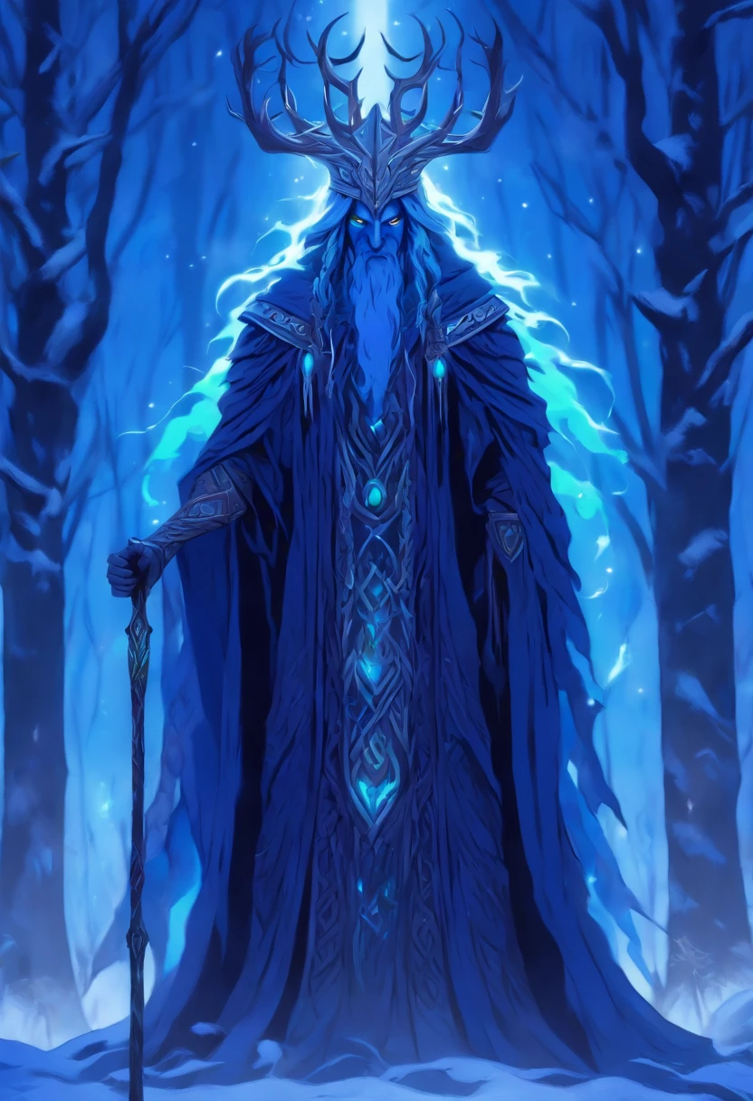 (((CAILLEACH))) best quality, ultra-high resolution, 4K detailed CG, master piece,Celtic god,cold,God of winter ,Celtic clothing,Celtic mythology, ((standing pose)) , Celtic image, aesthetic, centered on screen