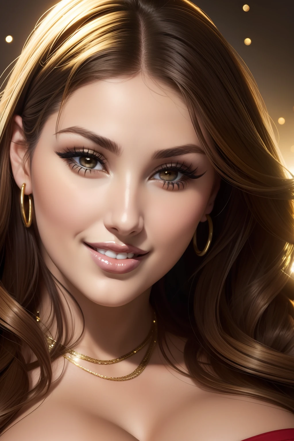 lucy pinder, face portrait, chubby woman, smiling, gold lipstick, gold lips, beautiful lips.