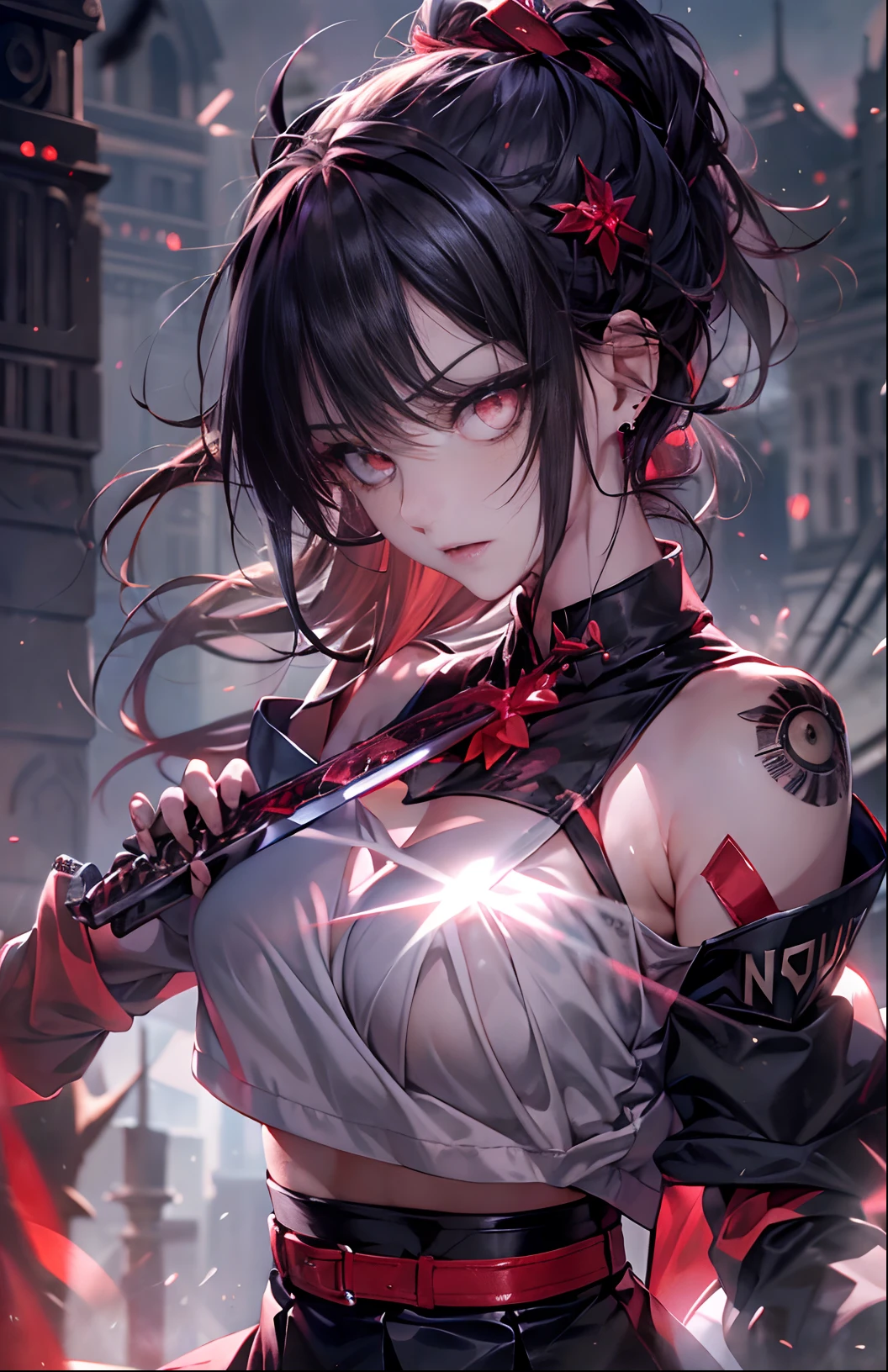 of the highest quality、masutepiece、ultra-detailliert、1womanl、Solo、25-years old、(underboob:1.3)、(Jet black uniform:1.3)、(Lens Flare:1.4)、(angry looking face:1.2)、(short twin-tailed black hair:1.2),Forehead, Shiny hair, Delicate beautiful face, (scary atmosphere:1.2),Looking at Viewer、a red skirt、(Ruby eyes:1.4),(Holding a sword in his hand:1.3)、Midnight Ruins,red necklace、red earrings、Dark scenery