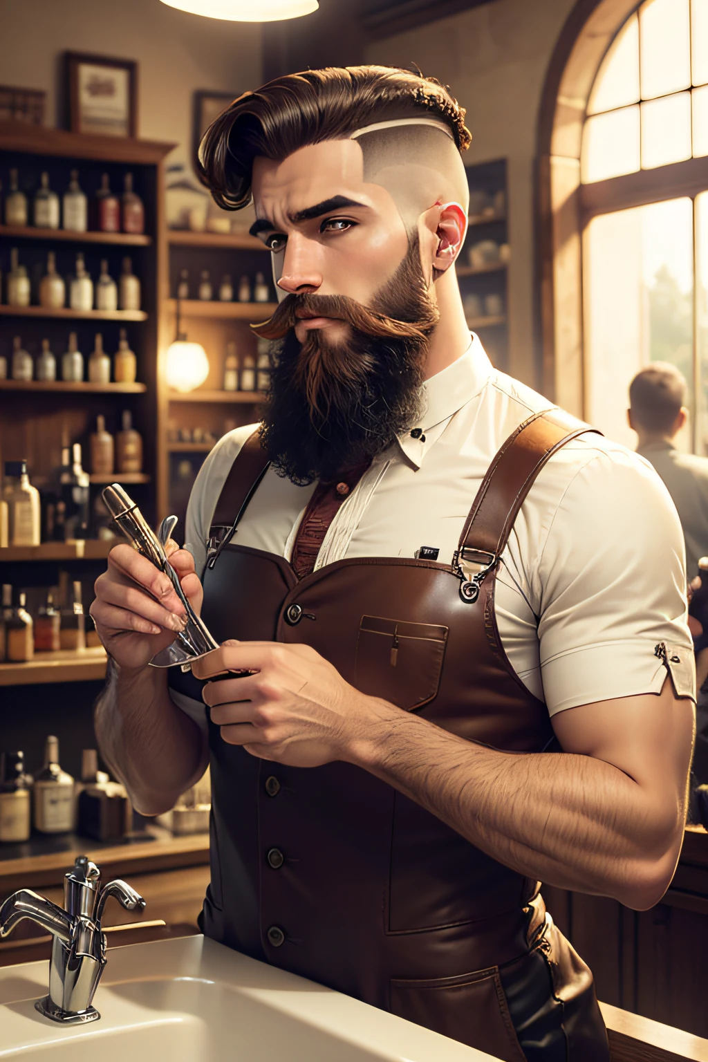 a man, short hair degrade pink, short beard, has orange eyes, is in a bar, he is throwing knives, realistic drawing style --auto