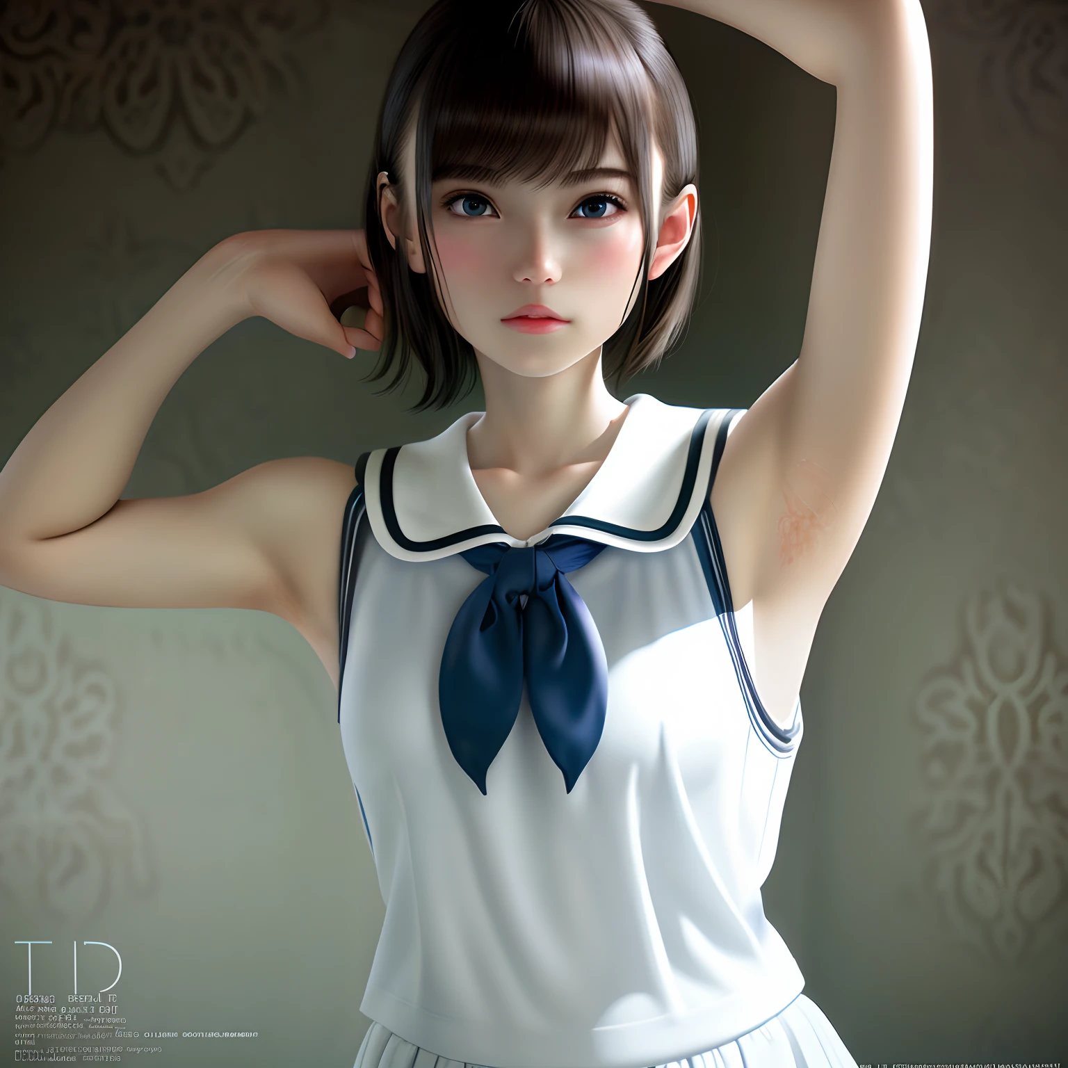 (hyper realstic), (Illustration), (High Definition), (8K), (High Definition), (Best Illustration), (Beautiful detailed eyes), (Best Quality), (Super Detail), (tmasterpiece), (wall-paper), (Detailed face),full of sweat,Upper body close-up,Armpits,Short hair,White underwear schoolgirl, Go to the toilet, Lower,