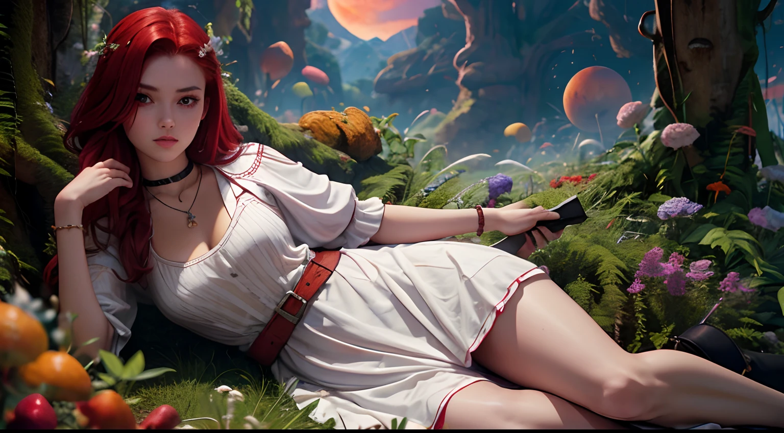 1 saint priest, red and white dress, red eyes, red hair, ************ girl, Spatula in hand, Best Quality, Ultra High Resolution, high detailed skin, high detailed face, belt, religious necklace, in a fantasy meadow, purple glowing tree, red sun, Best Quality, Ultra High Resolution, Best Quality, Ultra High Resolution,