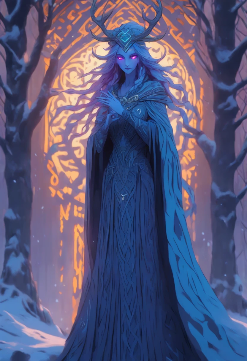 (((CAILLEACH))) best quality, ultra-high resolution, 4K detailed CG, master piece,Celtic goddess,cold,Winter goddess ,Celtic clothing,Celtic mythology, ((standing pose)) , Celtic image, aesthetic, centered on screen