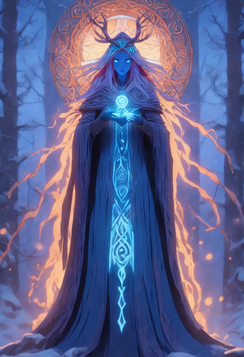 (((CAILLEACH))) best quality, ultra-high resolution, 4K detailed CG, master piece,Celtic goddess,cold,Winter goddess ,Celtic clothing,Celtic mythology, ((standing pose)) , Celtic image, aesthetic, centered on screen