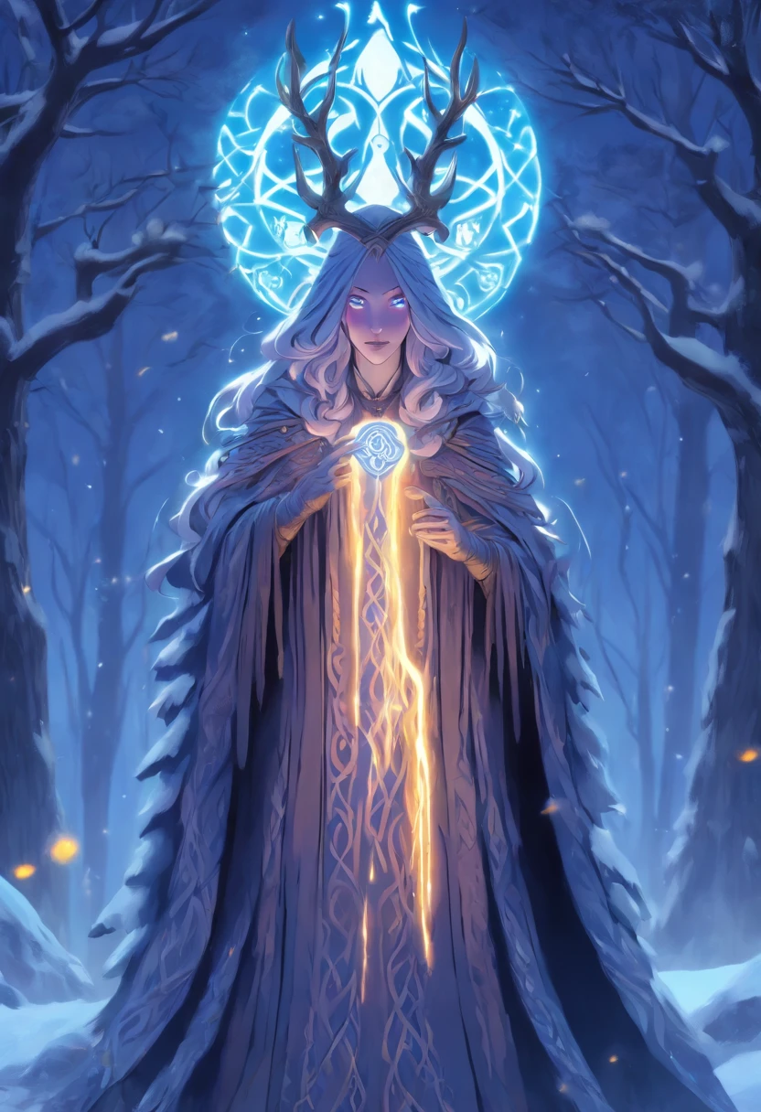 (((CAILLEACH))) best quality, ultra-high resolution, 4K detailed CG, master piece,Celtic goddess,cold,Winter goddess ,Celtic clothing,Celtic mythology, ((standing pose)) , Celtic image, aesthetic, centered on screen