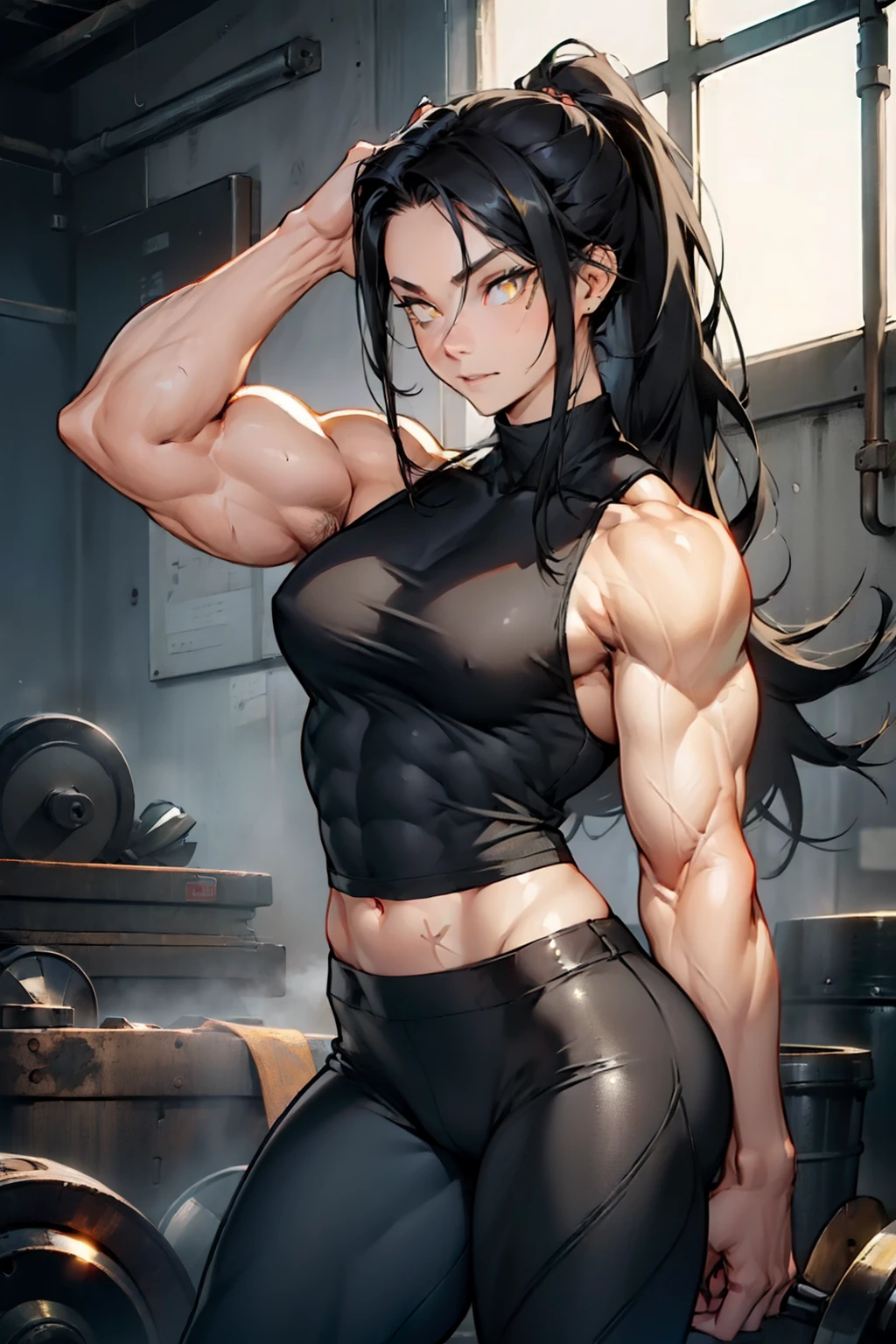 (((((((1 girl))))))), black hair, yellow eyes, very long hair, ((((((muscular)))))), tall, pale skin, (seductive expression), tank top, leggings