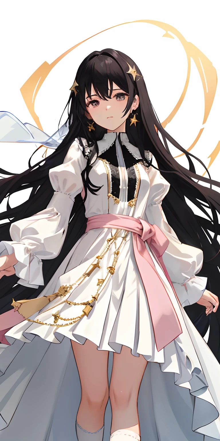 •	superLong, flowing black hair.
	•	Gentle facial features with a hint of mystery and confusion in her eyes.

Outfit Description:

Wearing a light pink and pale white dress, which incorporates subtle gold or silver details.
The dress combines elements of both a pleated skirt and a flat skirt: the center portion of the dress is flat, while the sides have gentle pleats.
She has light pink Mary Jane shoes paired with white lace-trimmed socks.
Slightly tightened puff sleeves that reflect her calm and reserved nature.
A simple belt around her waist, holding a few small magical tools.
A translucent, gauzy shawl that adds an air of mystery.
Simple star-shaped earrings.
Her dress is embroidered with magical symbols or runes.
	•	Despite her strong magical powers, her overall appearance exudes a sense of understated elegance and gentleness.