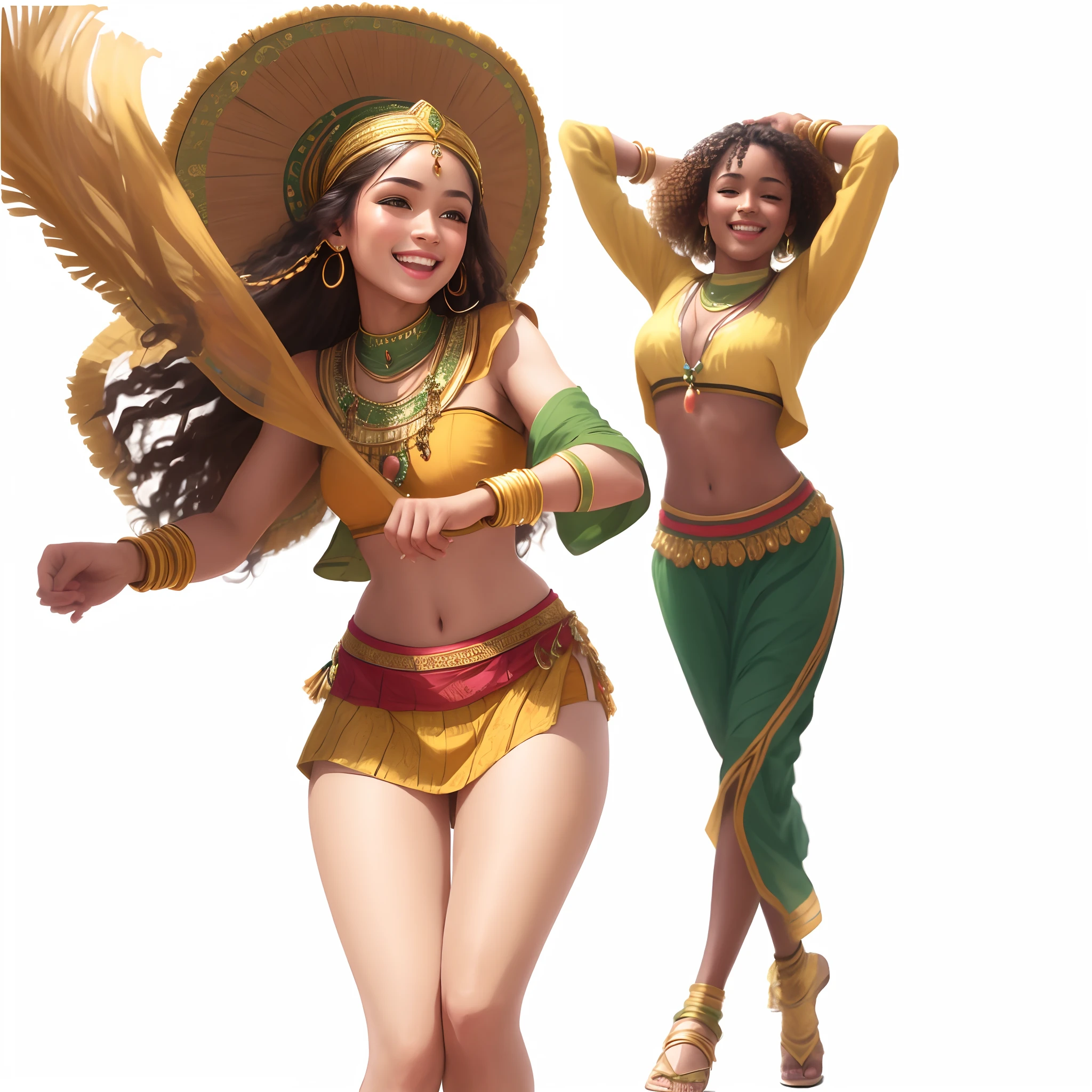 Masterpiece, best quality, very detailed beautiful faces and hands, two women in tribal yellow and green clothes dance, they smile, happy