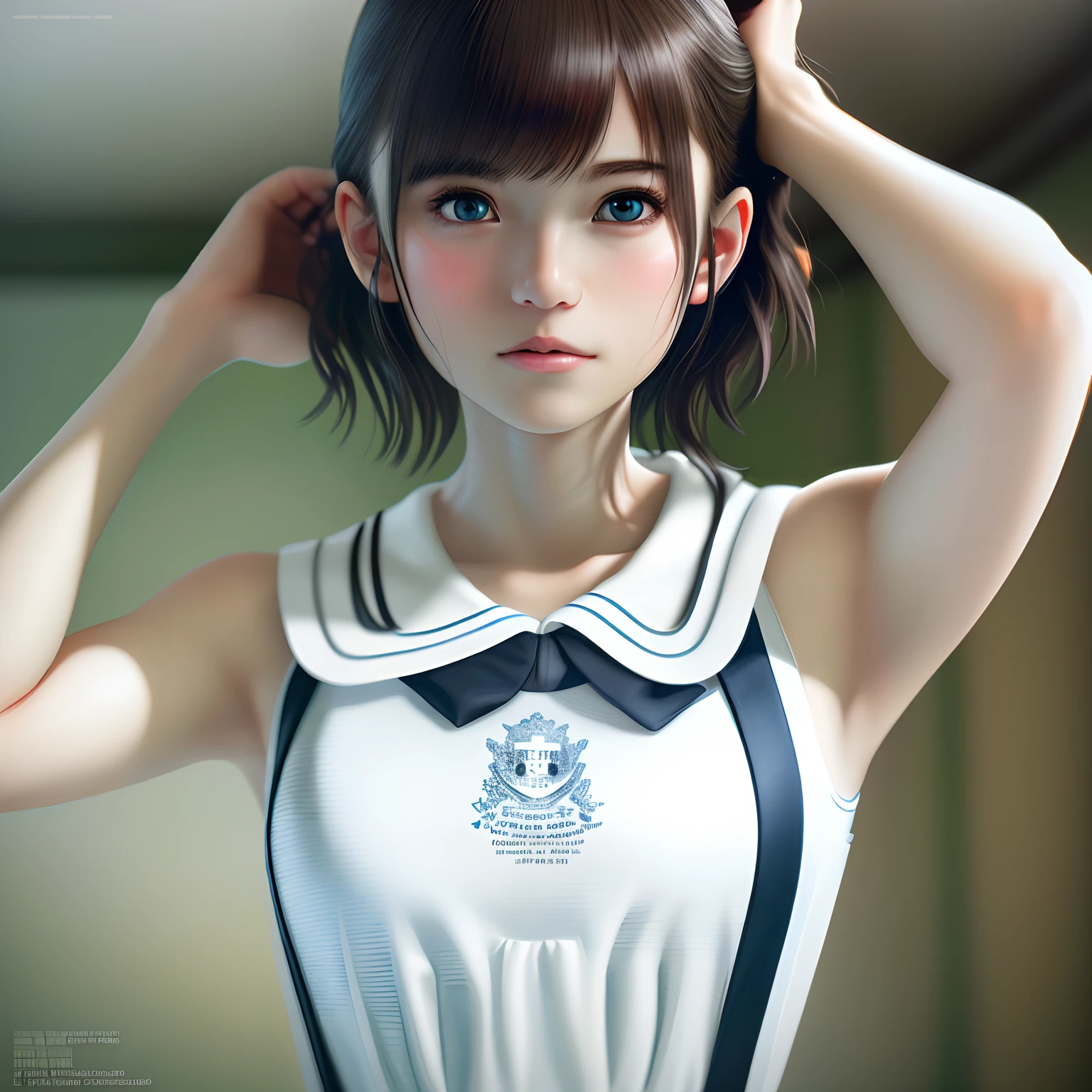 (hyper realstic), (Illustration), (High Definition), (8K), (High Definition), (Best Illustration), (Beautiful detailed eyes), (Best Quality), (Super Detail), (tmasterpiece), (wall-paper), (Detailed face),full of sweat,Upper body close-up,Armpits,Short hair,White underwear schoolgirl, Go to the toilet, Lower,