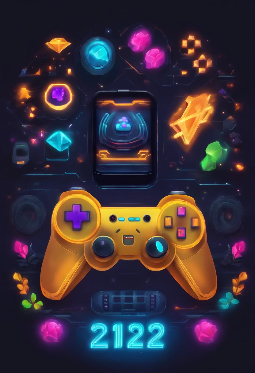 Um controlador de videogame colorido com luzes brilhantes em um fundo escuro, game icon stylized, arte digital de videogame, mobile game style, game icon, controle de videogame, arte de jogos de computador, Mobile Game, video - game, joga videogame, Jogo 2D, Jogos, 2 D arte de videogame digital, Jogos LED, gamer aesthetic, design de jogos, Design de Jogo