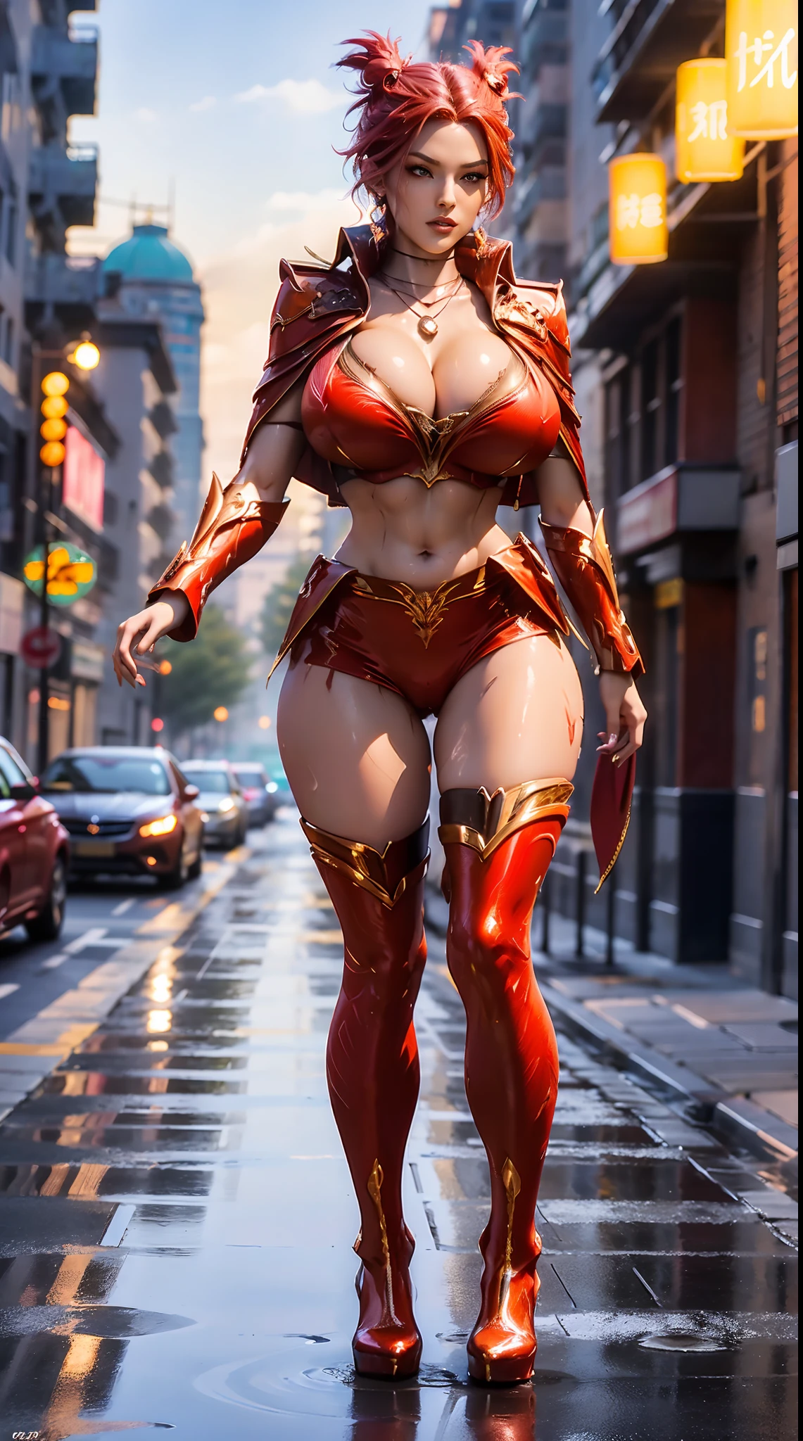 1GIRL, SOLO, COQUETTE, (HAIR ORNAMENT, NECKLACE), (WET HUGE FAKE BOOBS:1.3), (STREET CITY BACKGROUND), (FUTURISTIC RED PHOENIX MECHA CROP TOP, ROYAL CAPE, CLEAVAGE:1.2), (SKINTIGHT YOGA HOTPANTS, HIGH HEELS:1.2), (PERFECT BODY, FULL BODY VIEW:1.5), (LOOKING AT VIEWER), (WALKING DOWN:1.2), MUSCLE ABS:1.3, ULTRA HIGHT DEFINITION, 8K, 1080P.