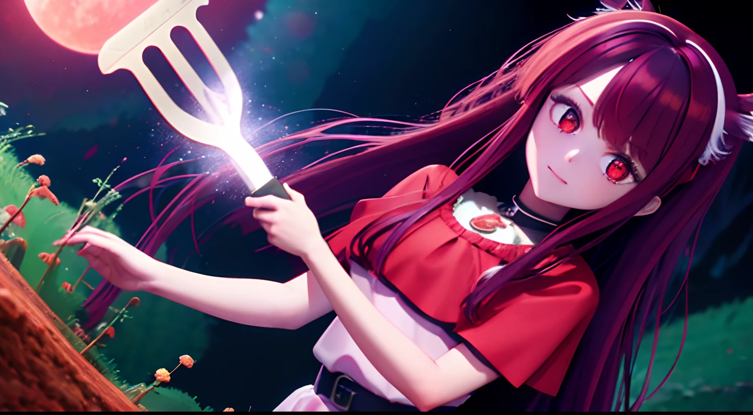 1 saint priest, red and white dress, red eyes, red hair, ************ girl, Spatula in hand, Best Quality, Ultra High Resolution, high detailed skin, high detailed face, belt, religious necklace, in a fantasy meadow, purple glowing tree, red sun, Best Quality, Ultra High Resolution, Best Quality, Ultra High Resolution,