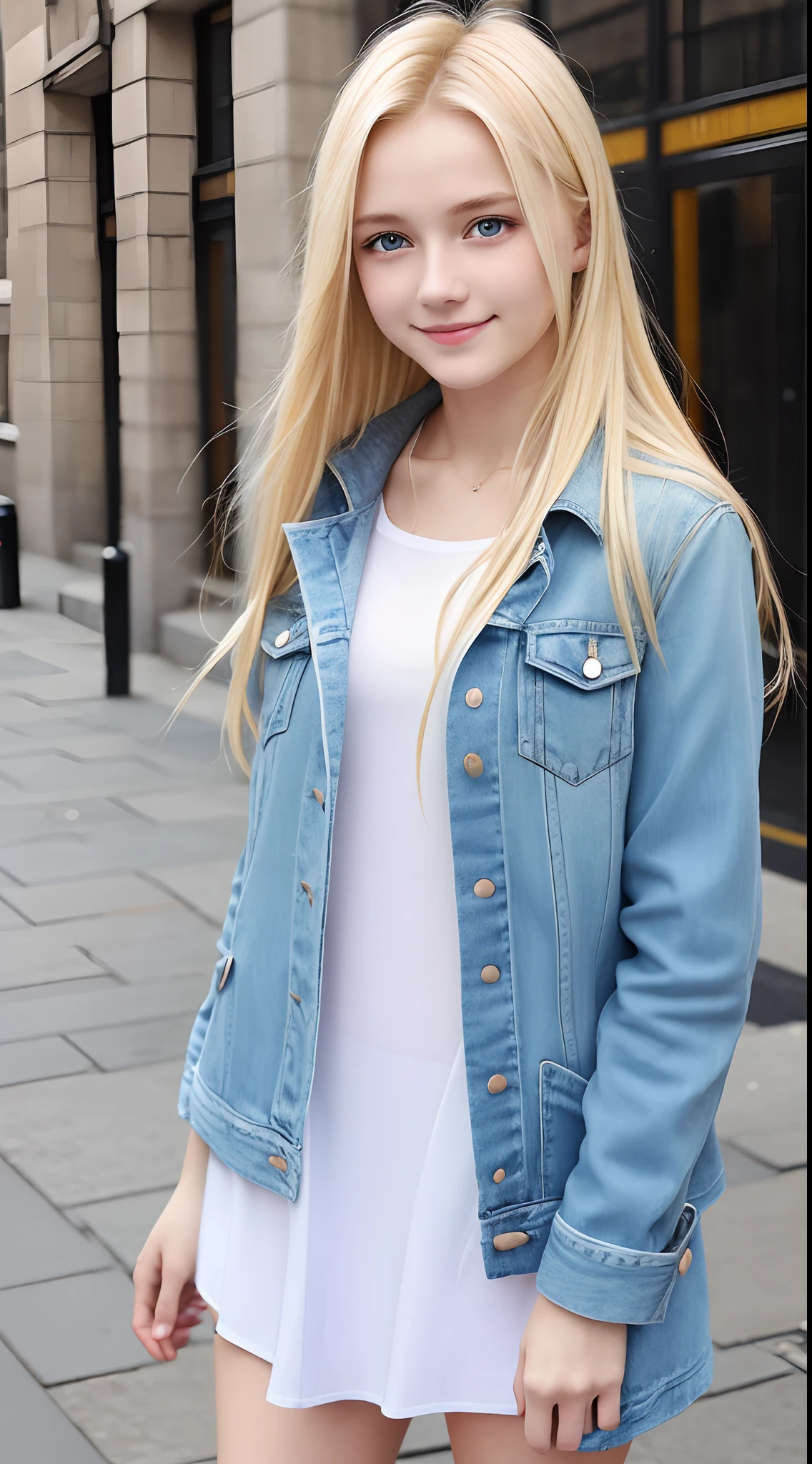 4K、top-quality、masutepiece、a blond、((Ukrainian))、18year old、Plain clothe、Looking at the camera、a smile、Downtown London