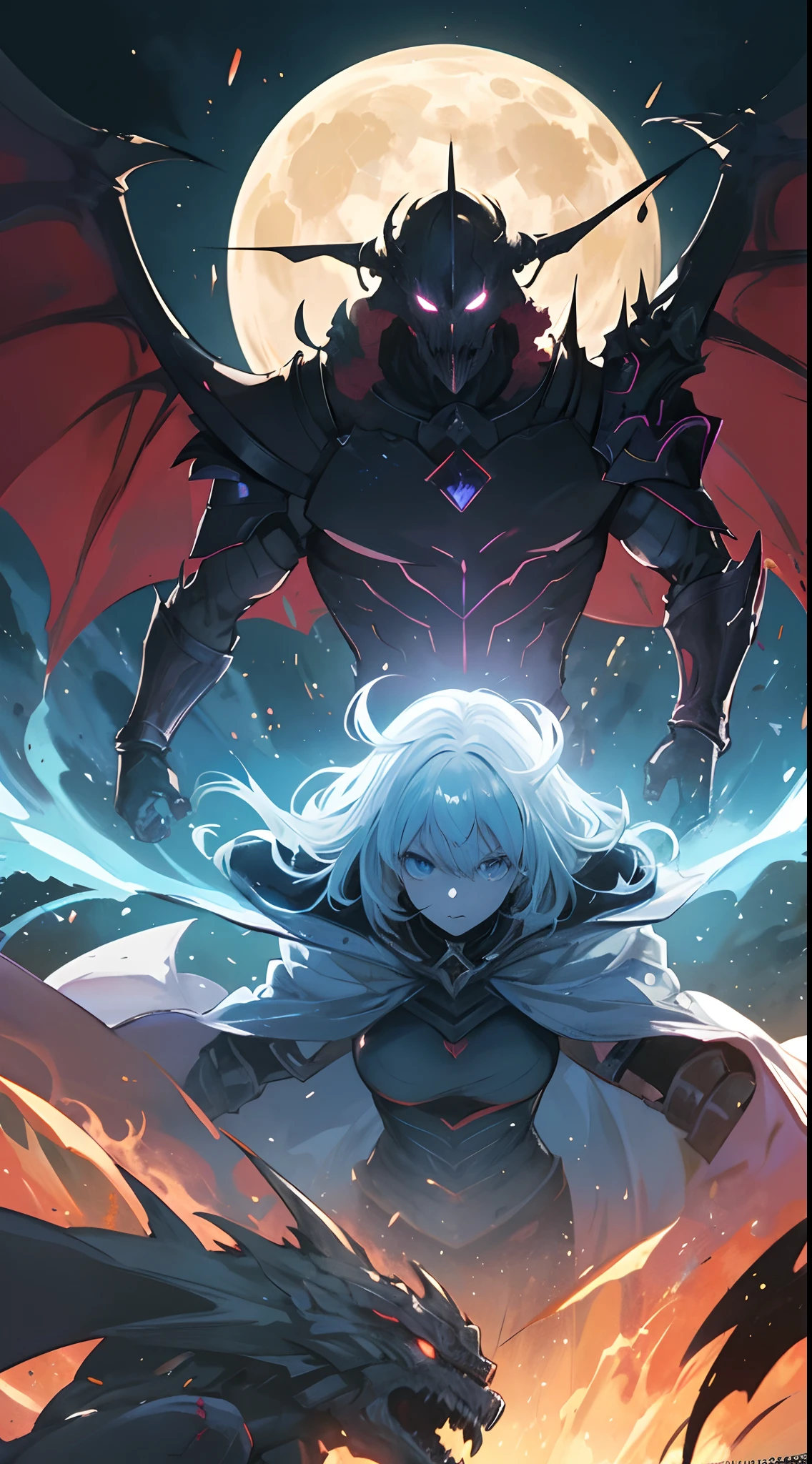 best quality,ultra-detailed,anime,overlord,fantasy,action-packed,battle scene,heroic protagonist,evil antagonist,mysterious powers,dark magic,otherworldly realm,epic confrontation,mythical creatures,full moon backdrop,dramatic lighting,cinematic composition,vivid colors,masterpiece:1.2