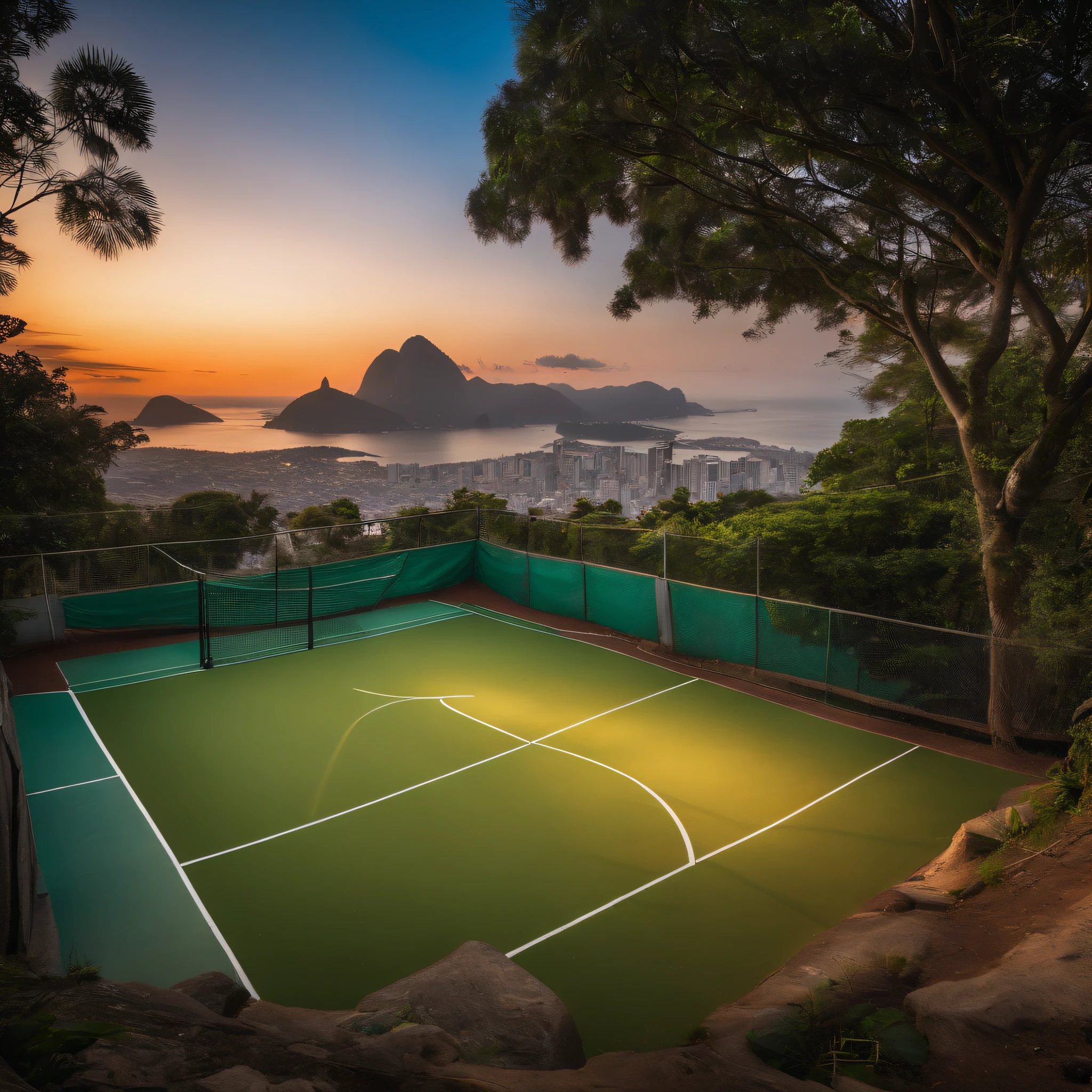 Desenvolver uma imagem com um individuo correndo em uma favela do Rio de Janeiro , com uma mochila verde nas costa, um fone de ouvido, bermuda e tenis. Desenvolver uma imagem,Integrate a visually striking obstacle that symbolizes the challenge to be overcome,Include elements that represent hope and perseverance, like a gentle sunrise beginning to illuminate the horizon.