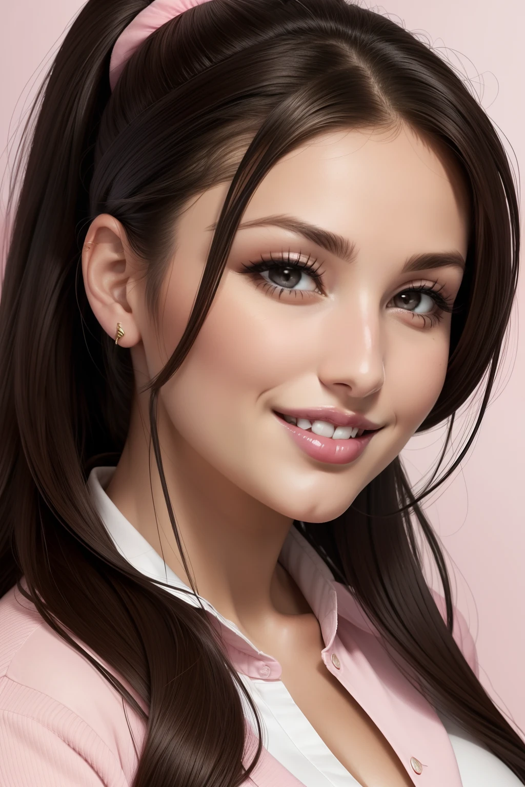lucy pinder, face portrait, smiling, black hair, ponytail, brown blouse, pink lipstick.